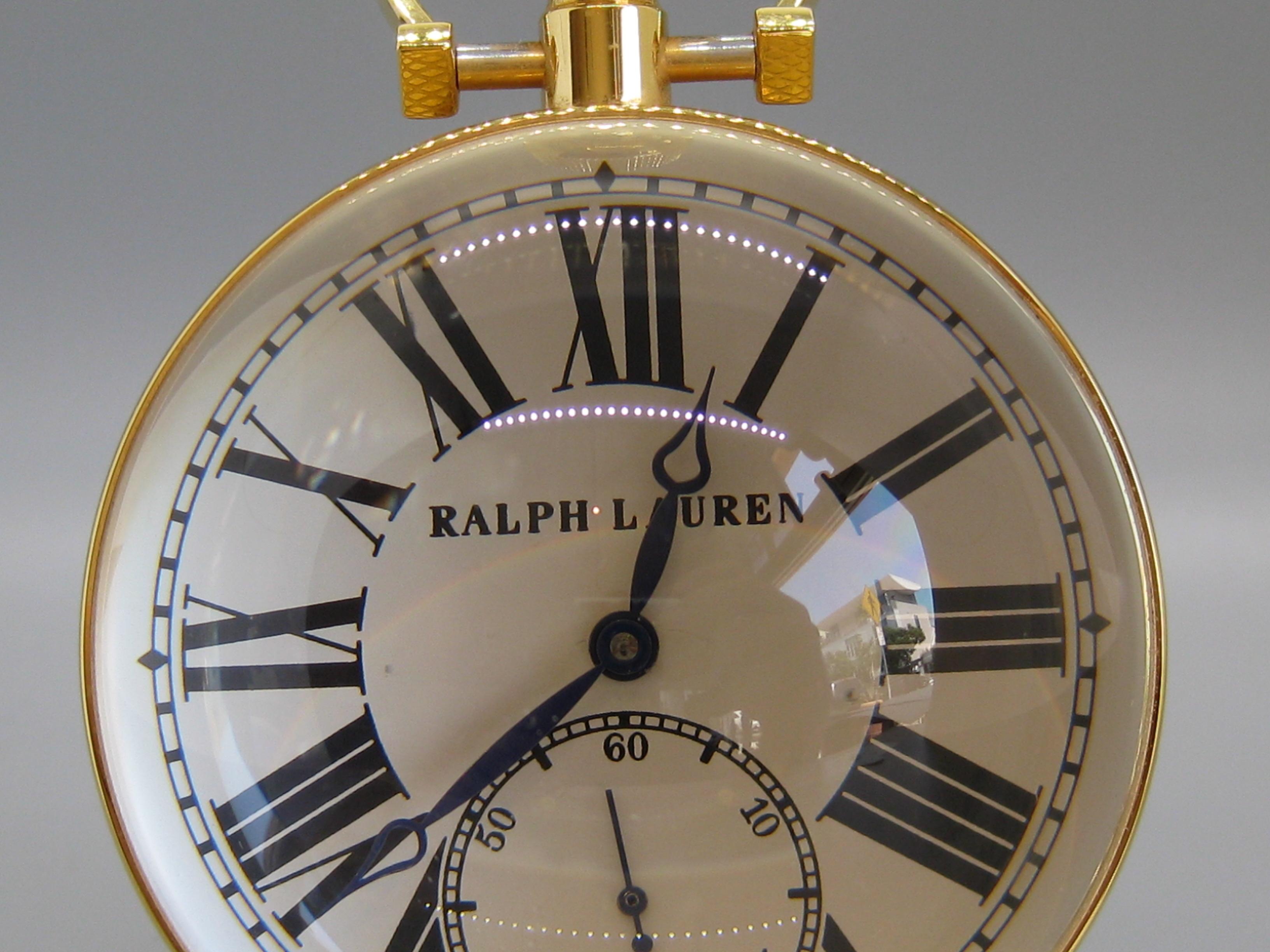 Fine Ralph Lauren Brass & Glass Ball Shaped Desk Clock w/Box & Stand Swiss Made In Excellent Condition In San Diego, CA