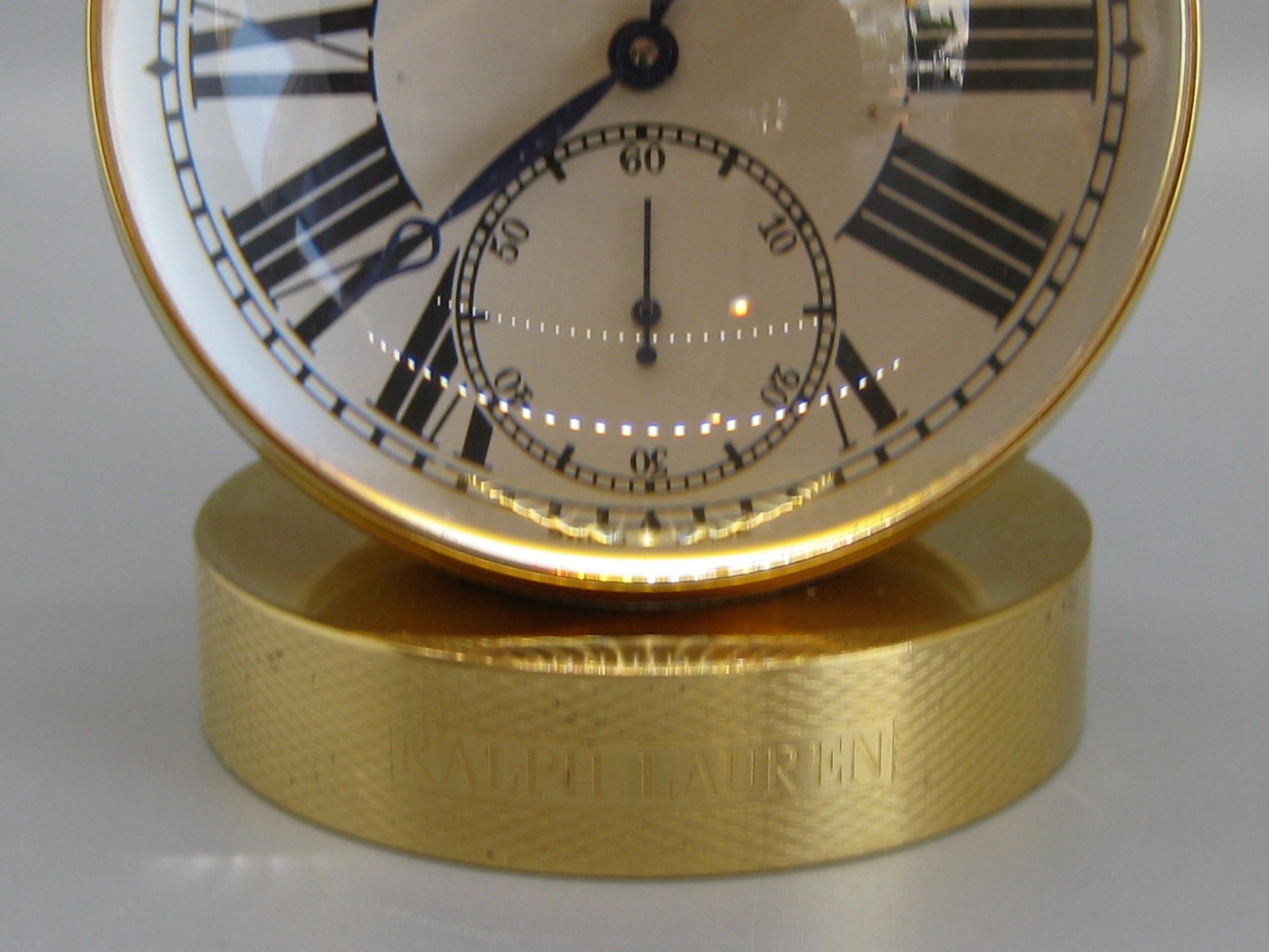 20th Century Fine Ralph Lauren Brass & Glass Ball Shaped Desk Clock w/Box & Stand Swiss Made