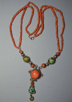 Fine Rare Antique Coral and Turquoise Necklace Yunnan Tibet