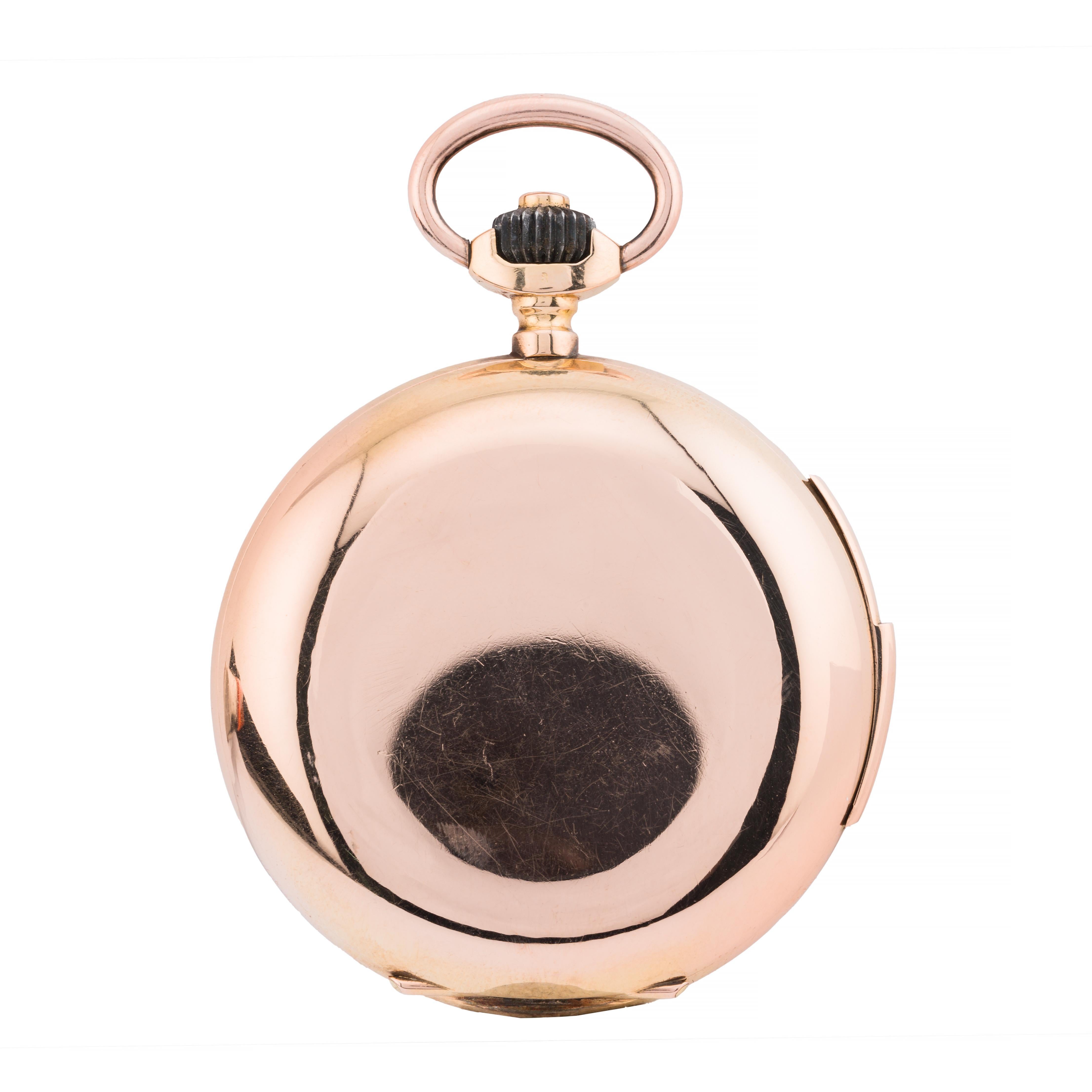 Aston Estate Jewelry Presents:

A fine and rare three chime minute repeater pocket watch.  Playing the Carillon chime on three gongs using three hammers, this spectacular timepiece offers a unique twist on the traditional dual note repeater.  The