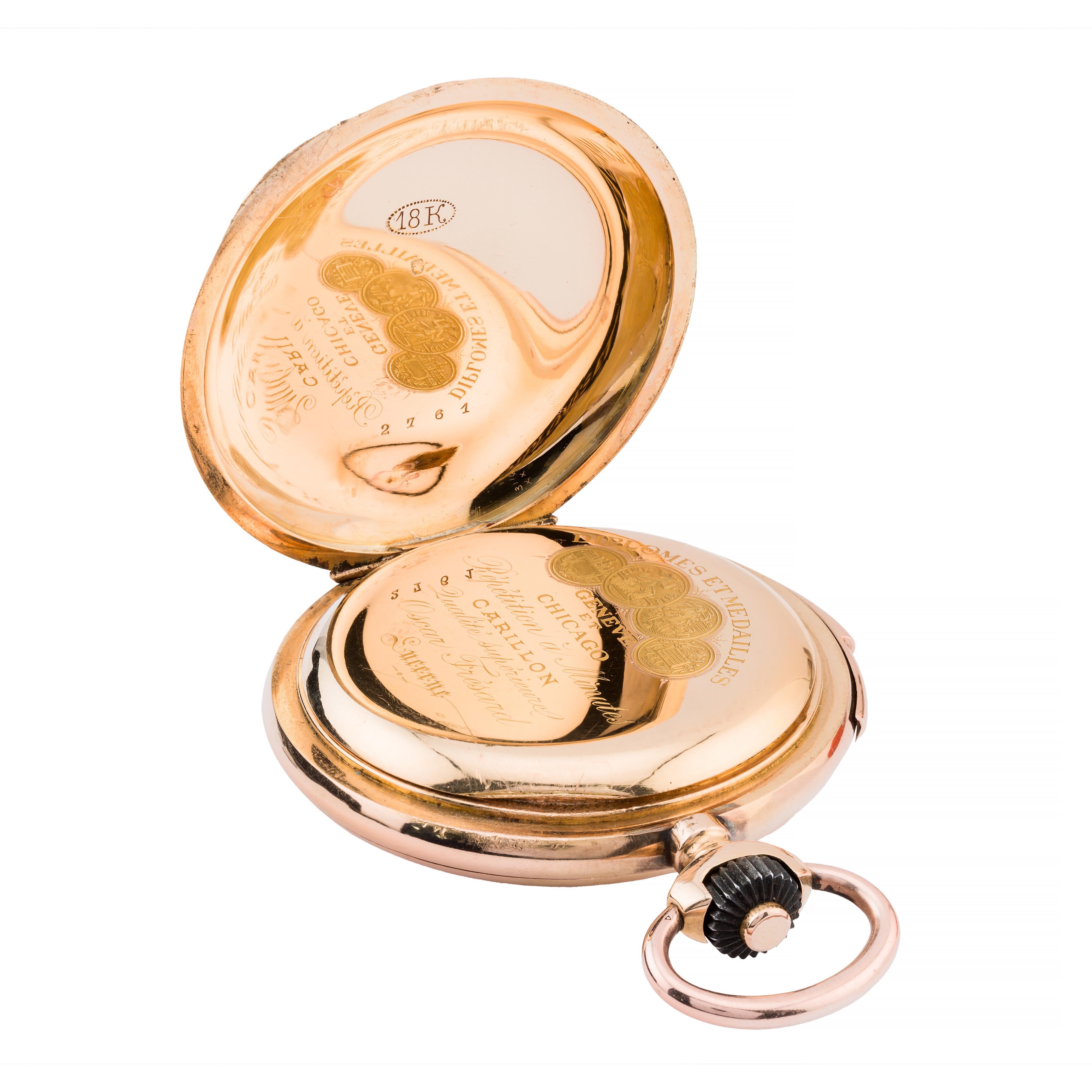 Fine & Rare Carillon Three Chime Minute Repeater 18 Karat Gold Pocket Watch For Sale 1