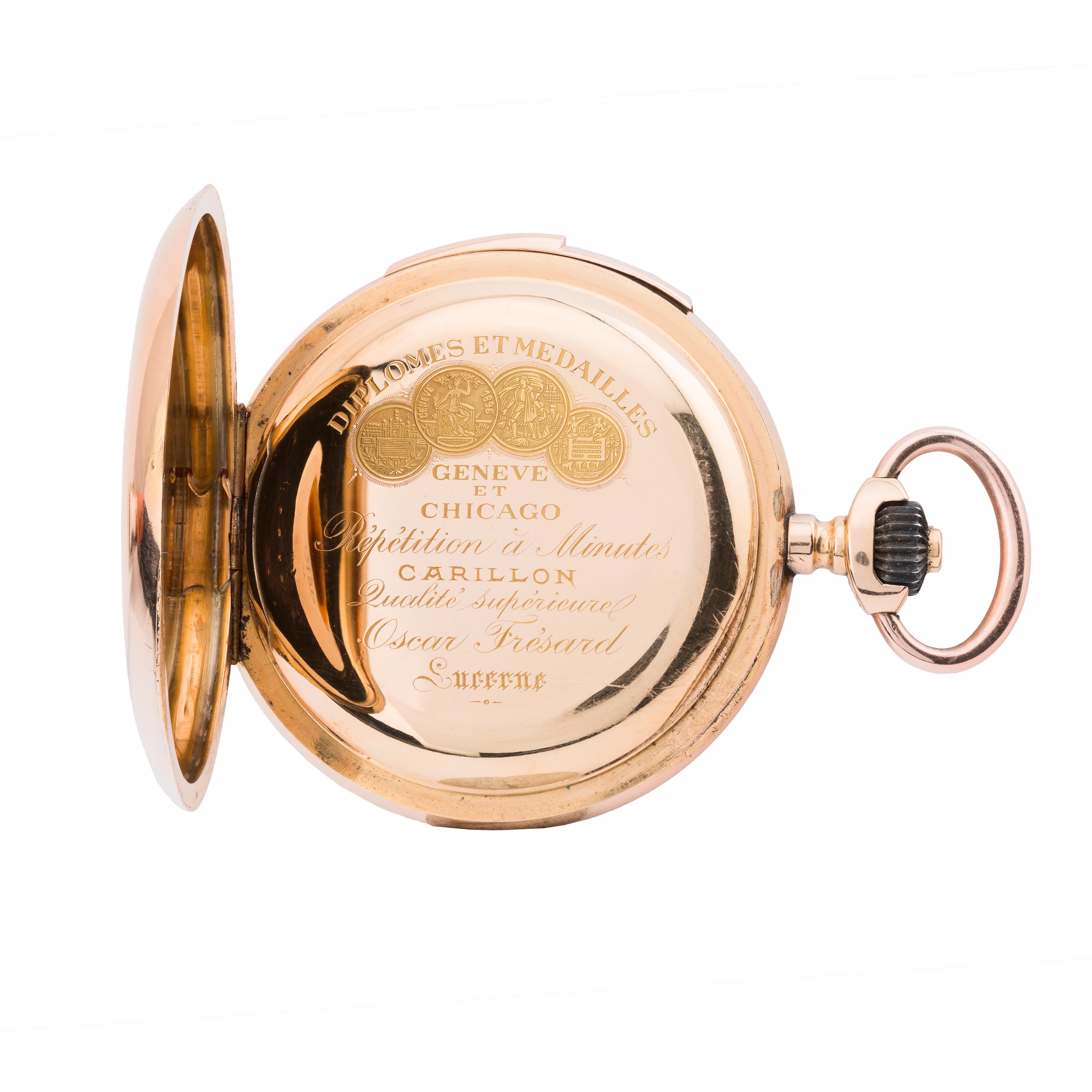 Fine & Rare Carillon Three Chime Minute Repeater 18 Karat Gold Pocket Watch For Sale 2