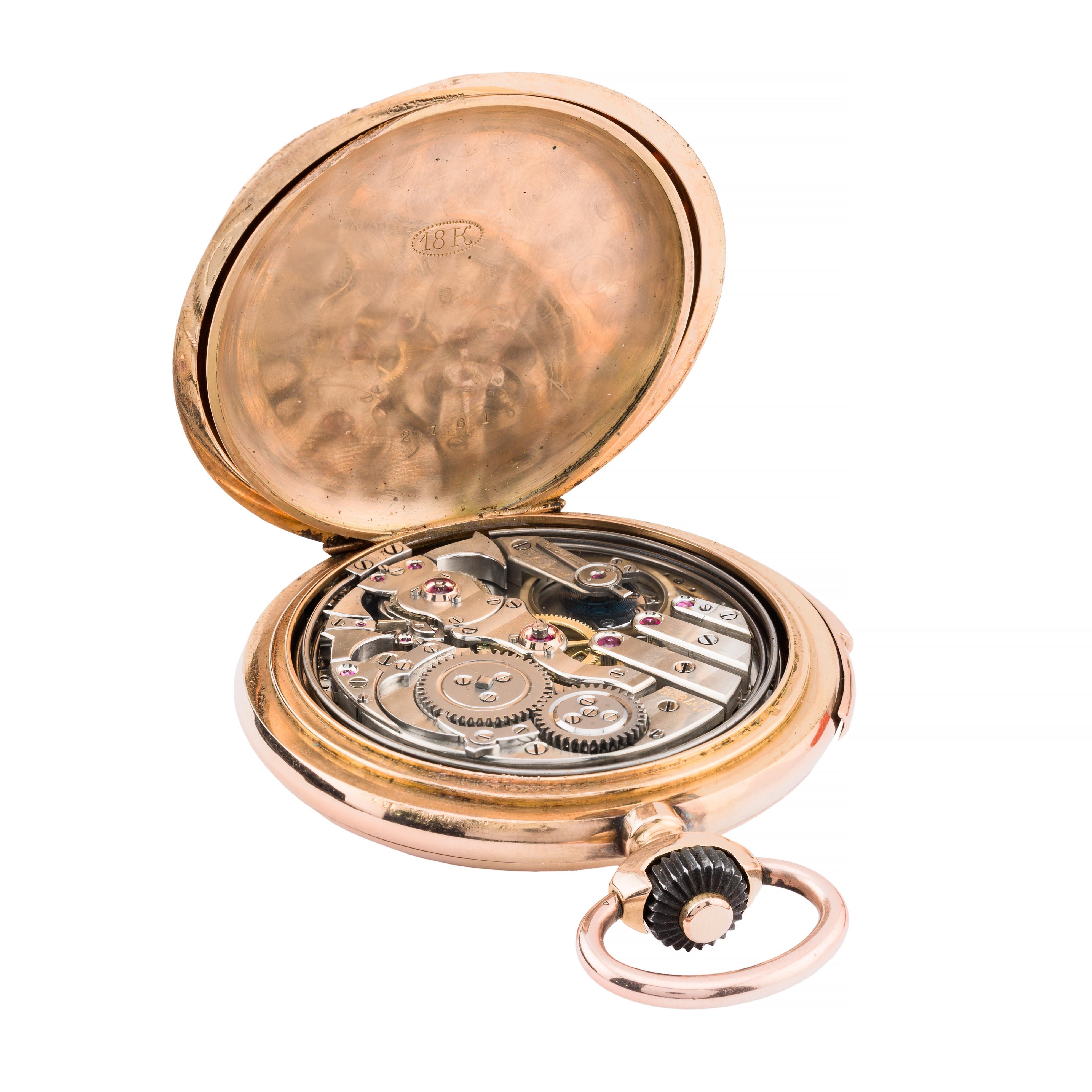 Fine & Rare Carillon Three Chime Minute Repeater 18 Karat Gold Pocket Watch For Sale 3