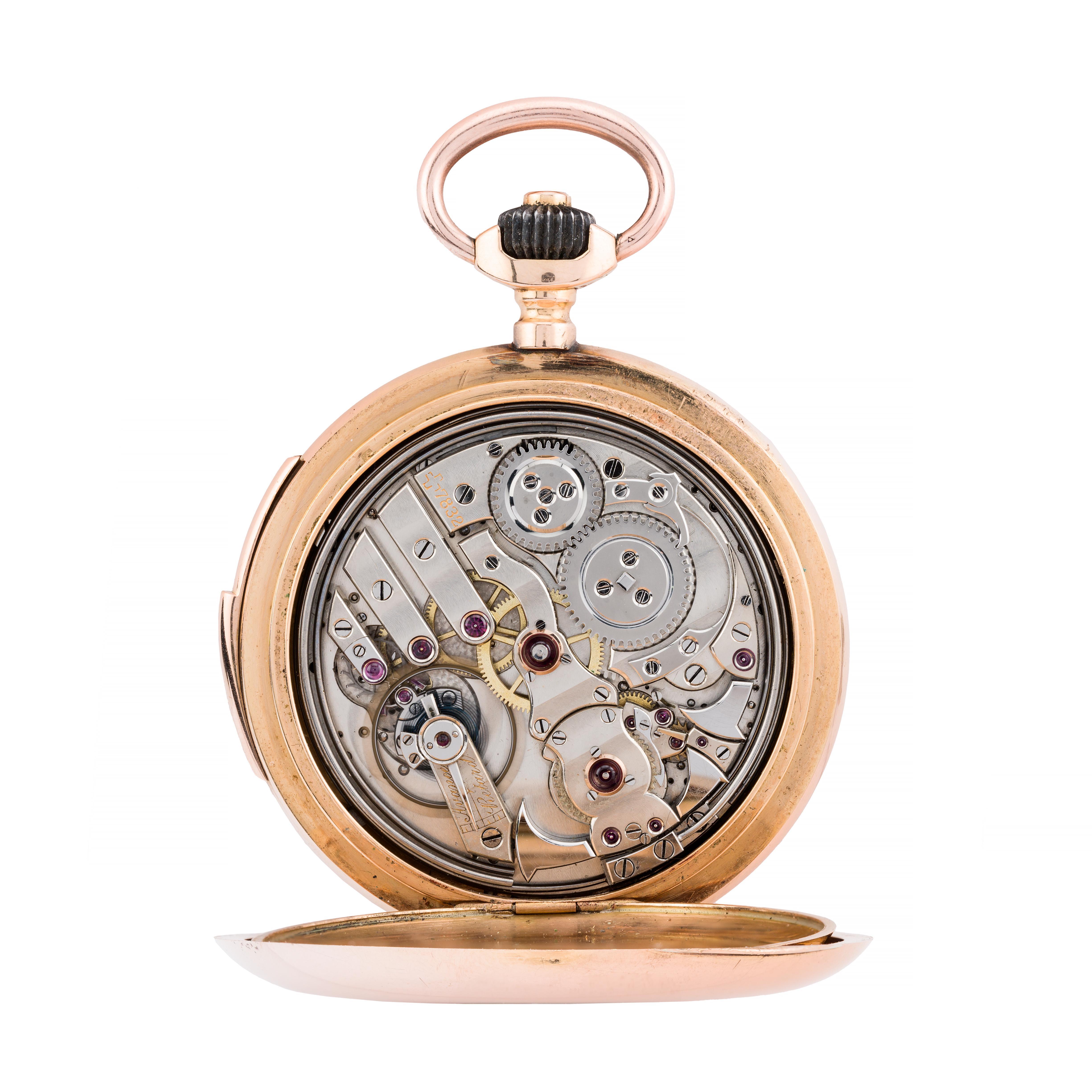 Fine & Rare Carillon Three Chime Minute Repeater 18 Karat Gold Pocket Watch For Sale 4