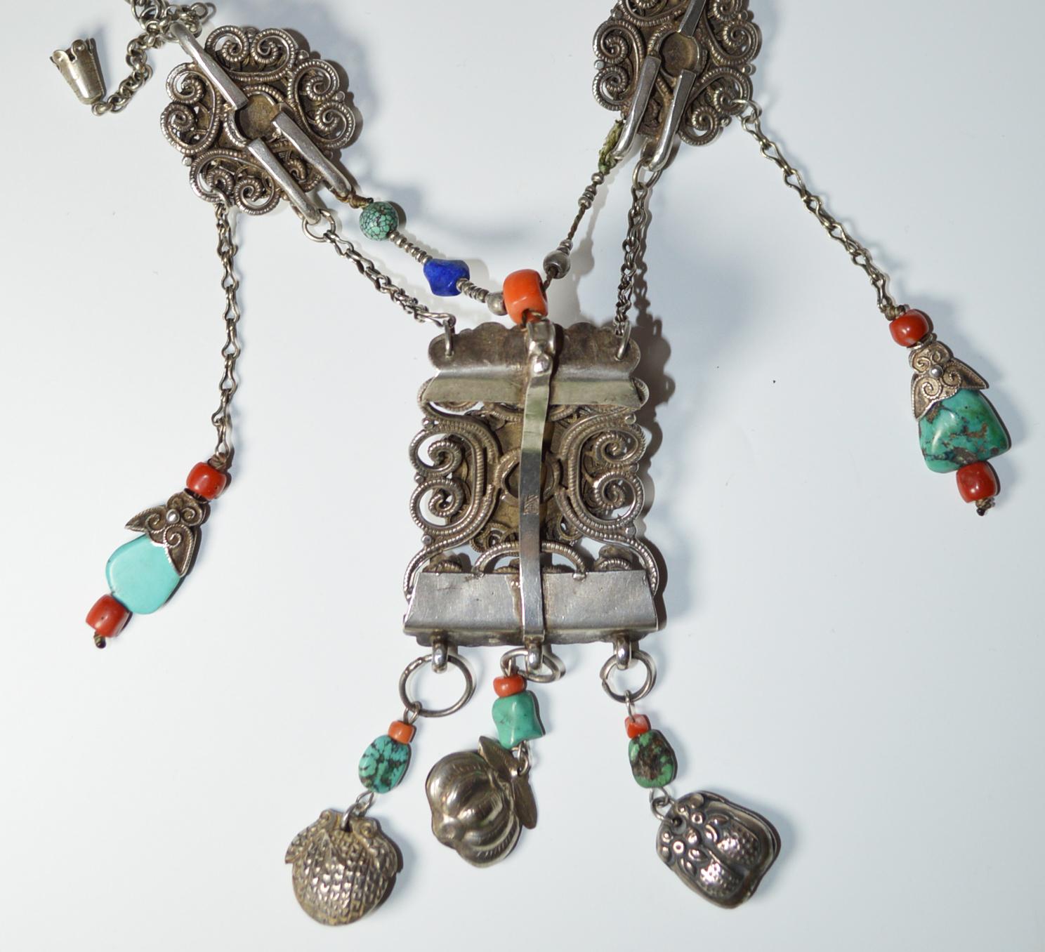 19th Century Fine Rare Chinese Antique Silver Coral and Turquoise Necklace 中国古董
