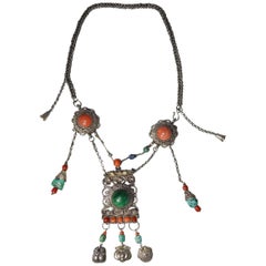 Fine Rare Chinese Antique Silver Coral and Turquoise Necklace 中国古董