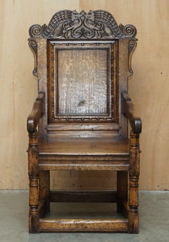 FINE & RARE ORIGINAL 19TH CENTURY WAINSCOT ARMCHAIR ENGLAND OAK WiTH SIDE DRAWER