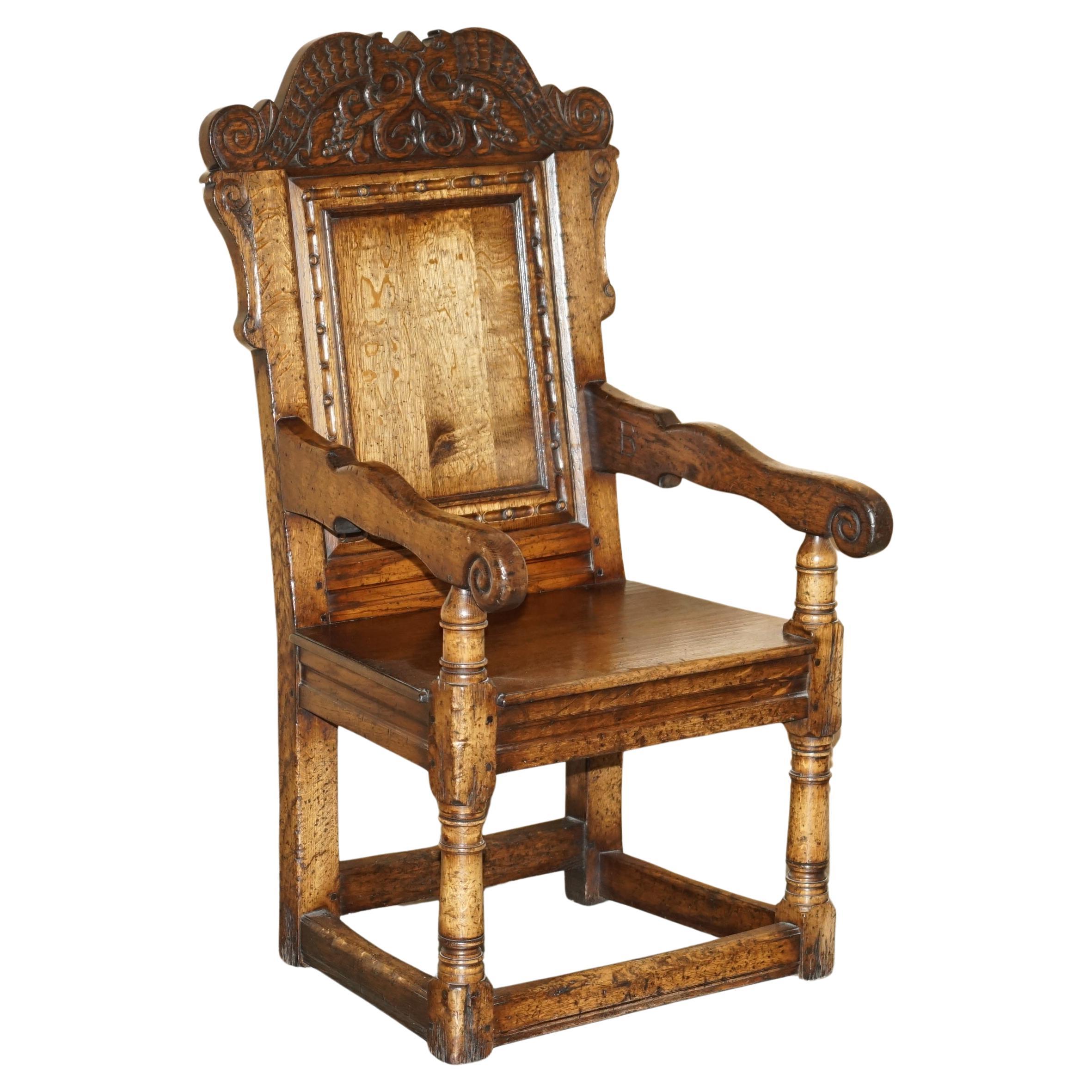 FINE & RARE ORIGINAL 19TH CENTURY WAINSCOT ARMCHAIR ENGLAND OAK WiTH SIDE DRAWER