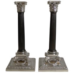 Fine Rare Antique English Silver Plate and Carved Ebony Candlesticks 1882, Pair 