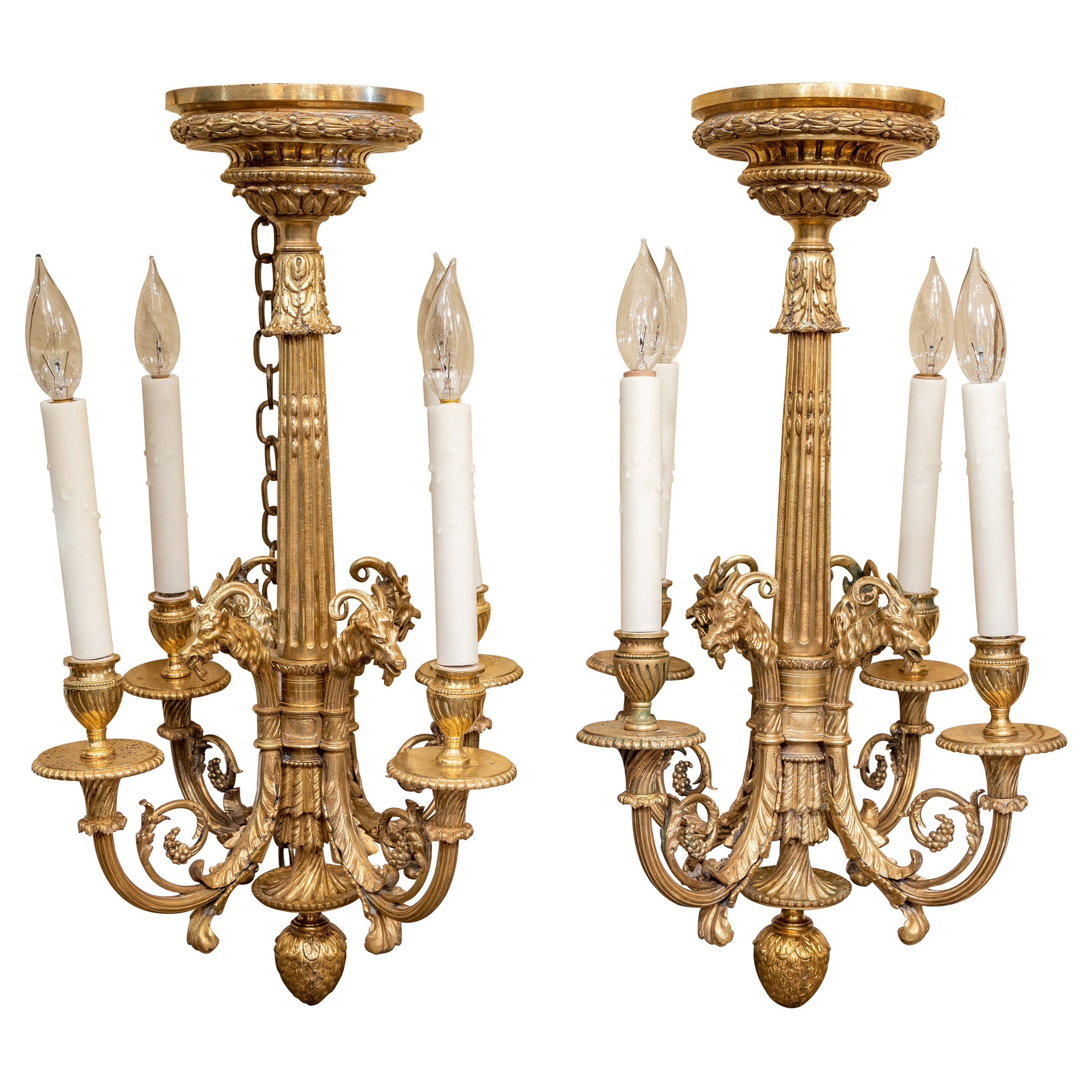 Fine Rare Pair of 19th C Louis XVI Gilt Bronze Chandeliers, Rams Head Design