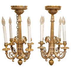 Fine Rare Pair of 19th C Louis XVI Gilt Bronze Chandeliers, Rams Head Design