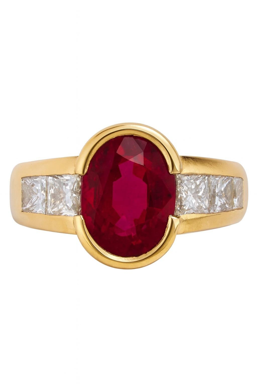 Contemporary Fine & Rare Vintage 1980s French Burma Ruby and Diamond Ring in 18K Yellow Gold For Sale