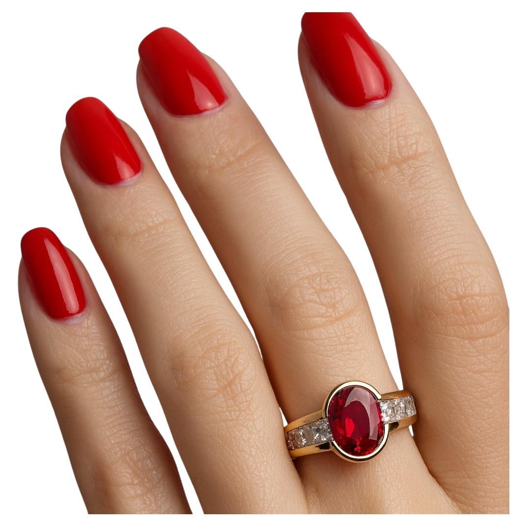 Fine & Rare Vintage 1980s French Burma Ruby and Diamond Ring in 18K Yellow Gold For Sale