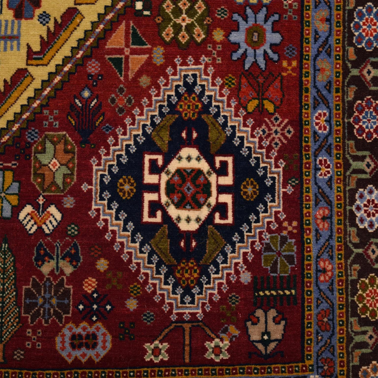 Vintage 1940s Persian Kashkouli Tribal Rug, Red and Yellow, Wool, 3' x 5' In Excellent Condition For Sale In New York, NY