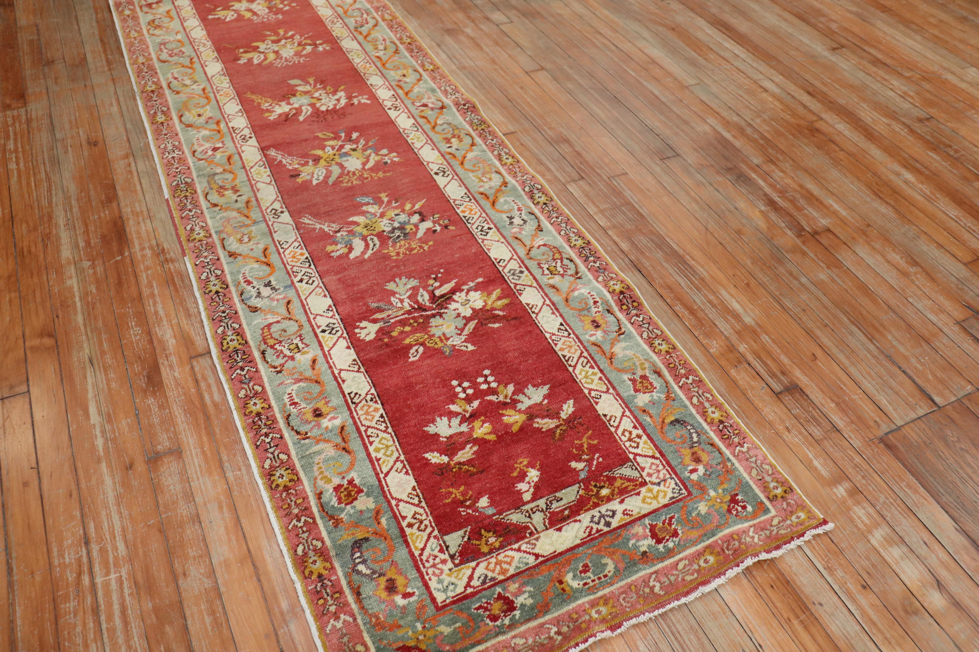 Romantic Fine Red Floral Turkish 20th Century Runner For Sale