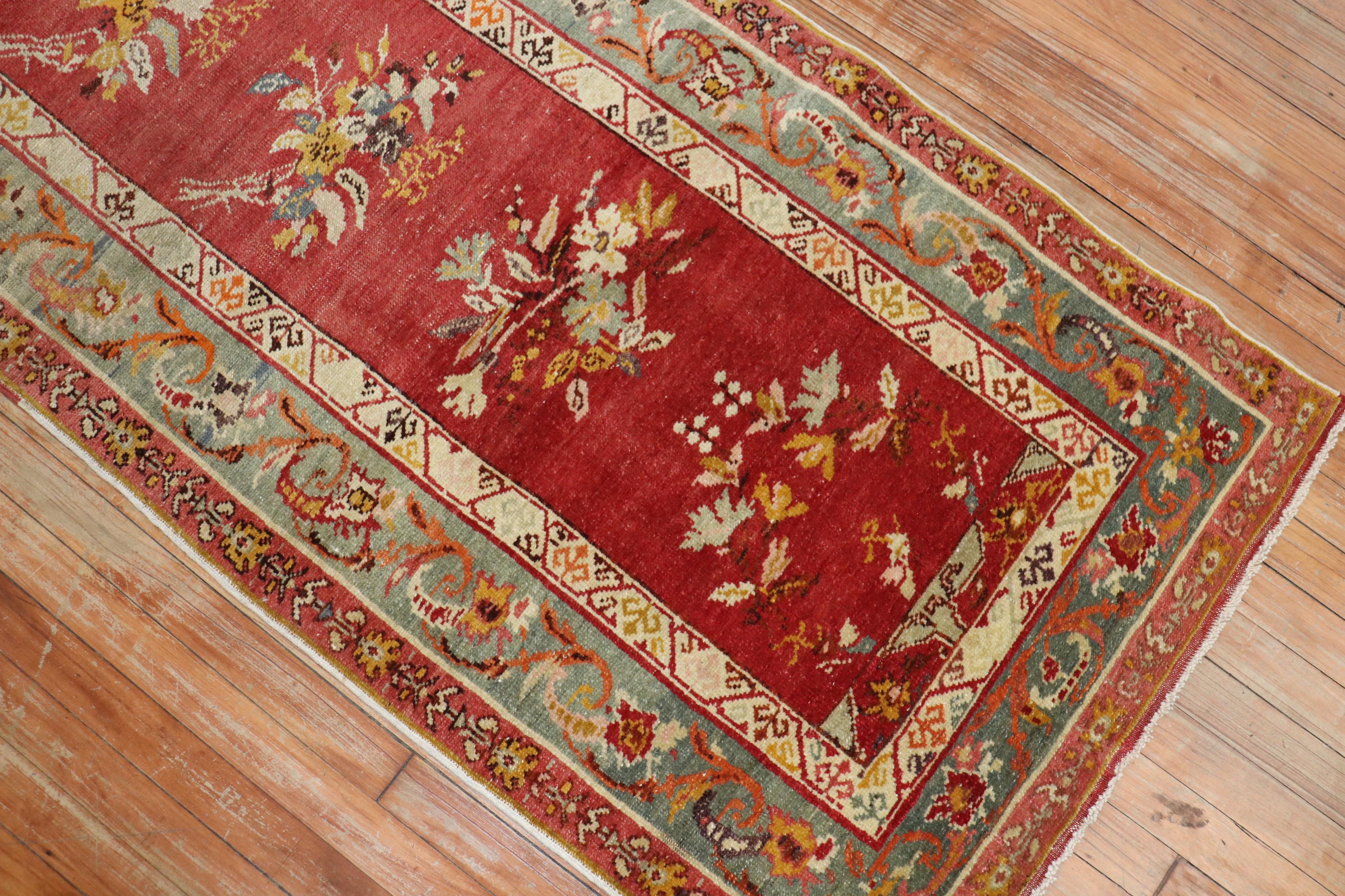 Hand-Knotted Fine Red Floral Turkish 20th Century Runner For Sale