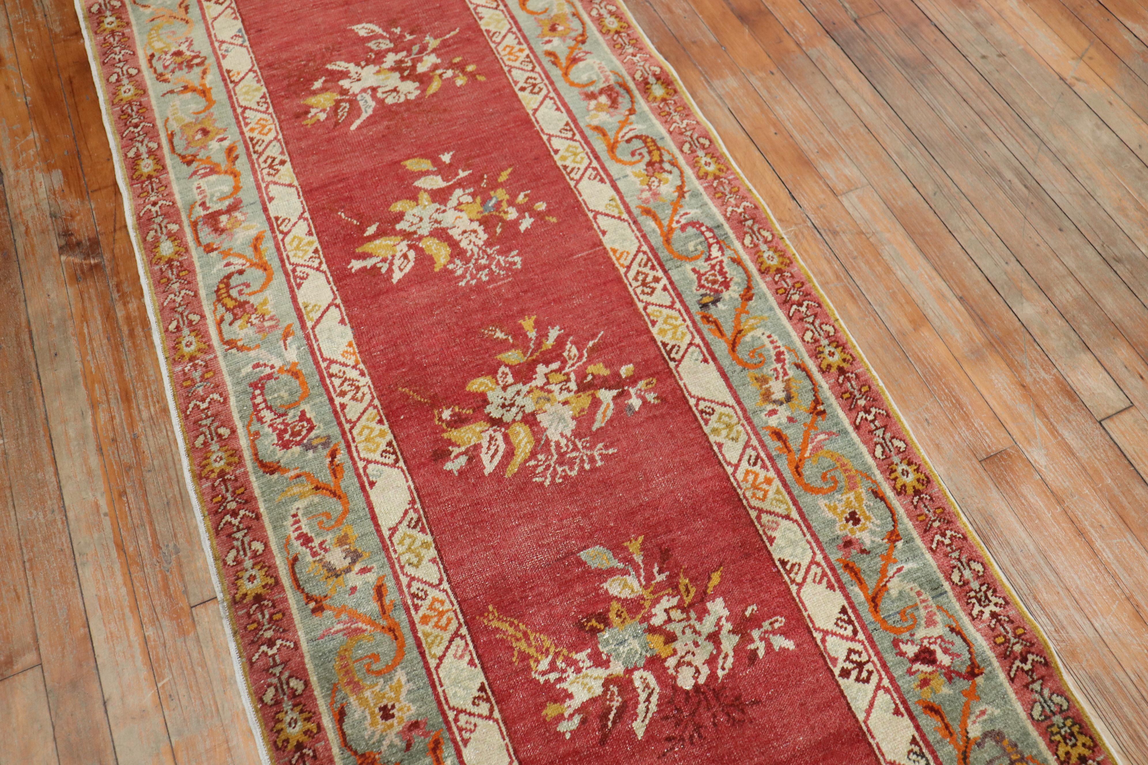 Wool Fine Red Floral Turkish 20th Century Runner For Sale