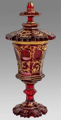 Fine Red & Gilt Painted Bohemian Glass Covered Pokal
