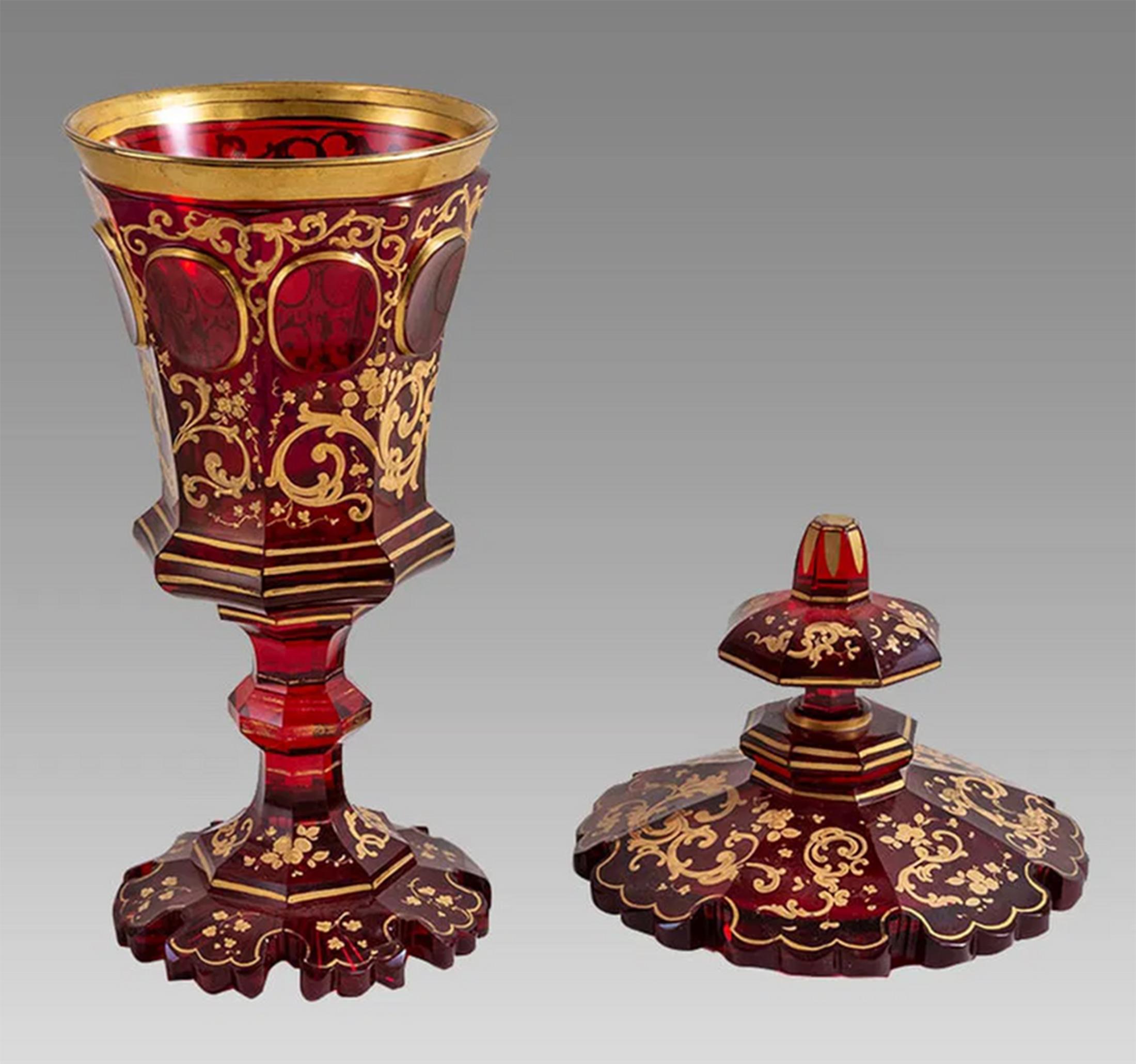 Czech Fine Red & Gilt Painted Bohemian Glass Covered Pokal For Sale