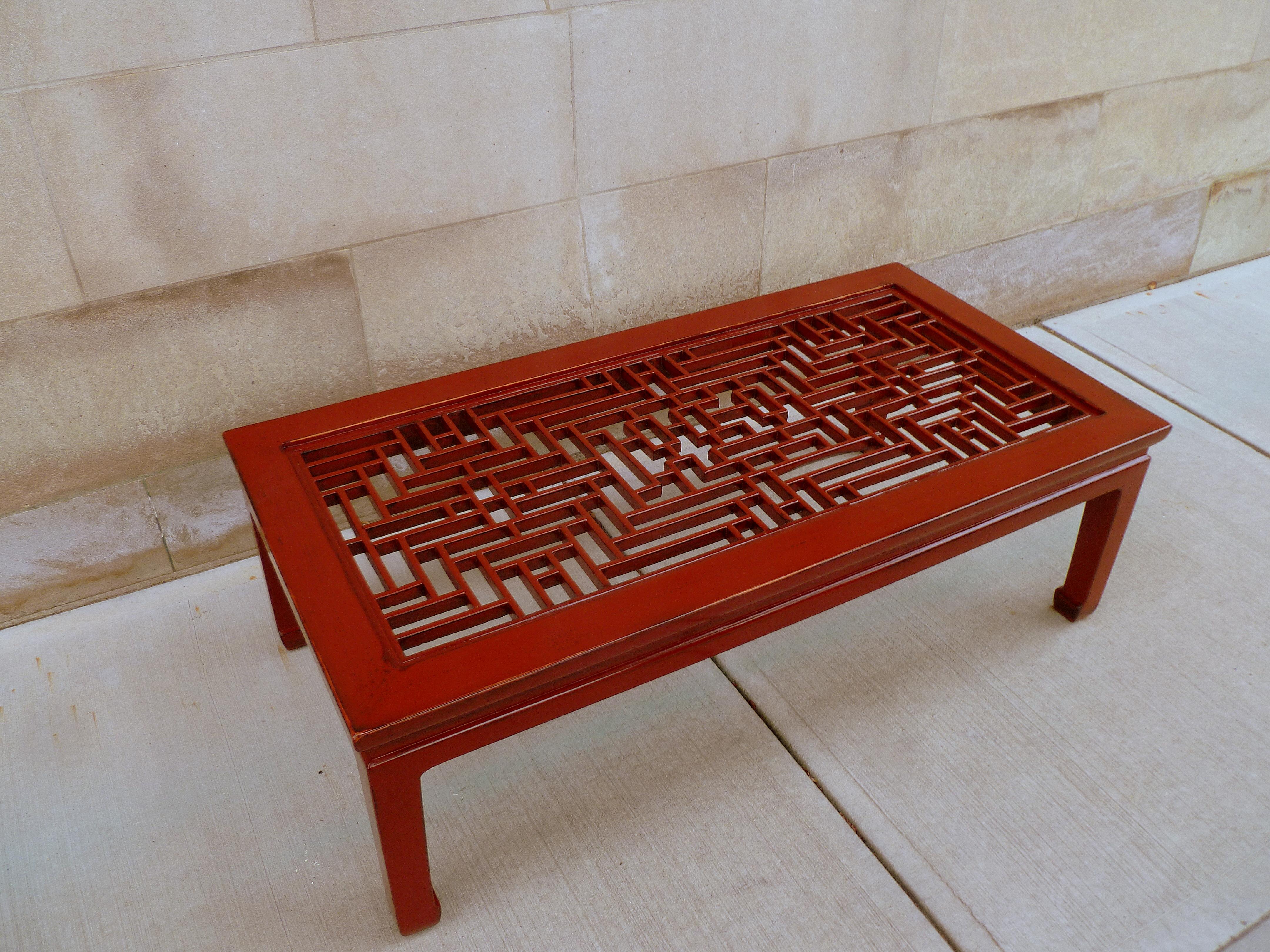Fine Red Lacquer Low Table with Fret Work Top For Sale 3