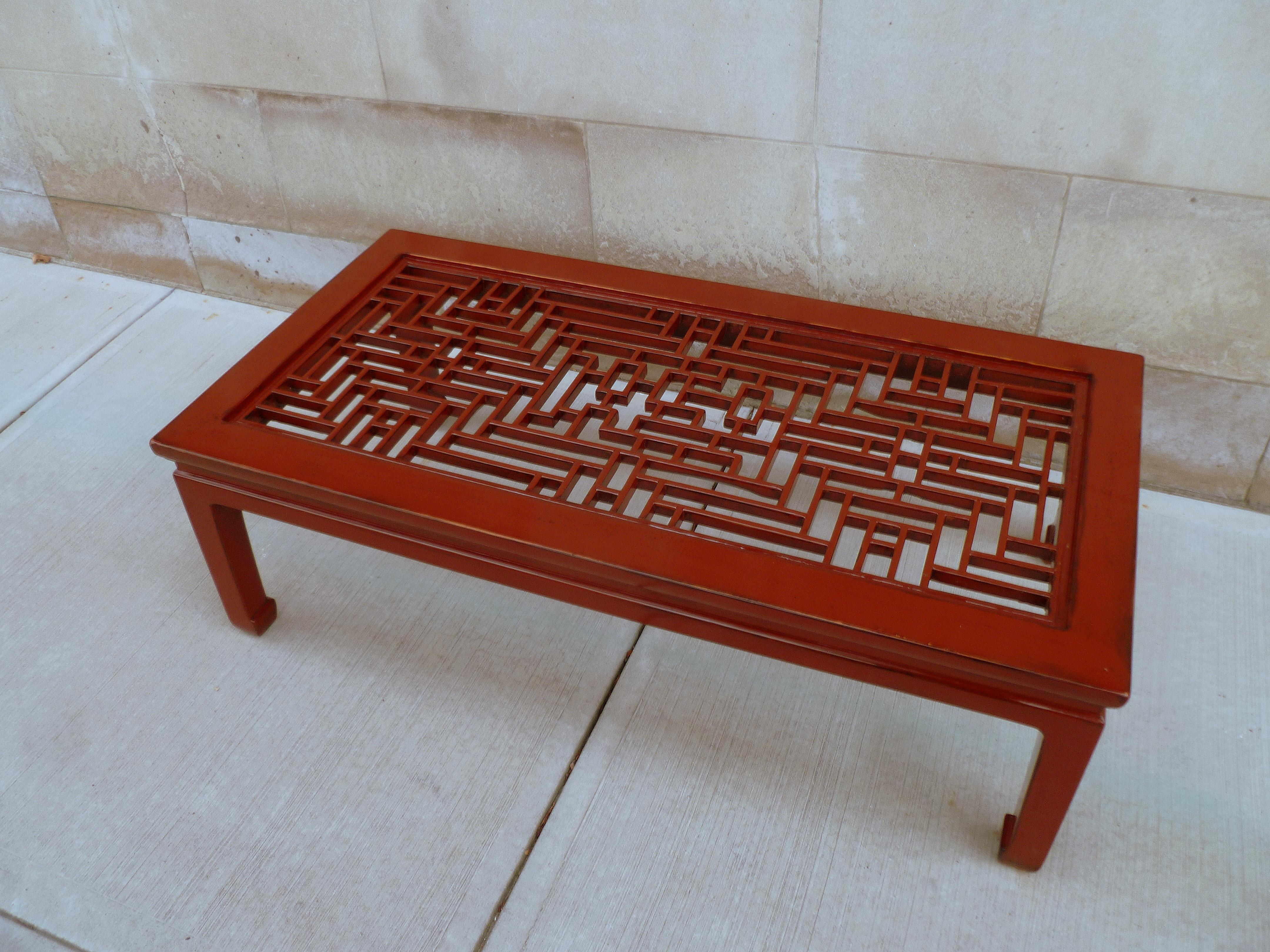 Fine Red Lacquer Low Table with Fret Work Top For Sale 4