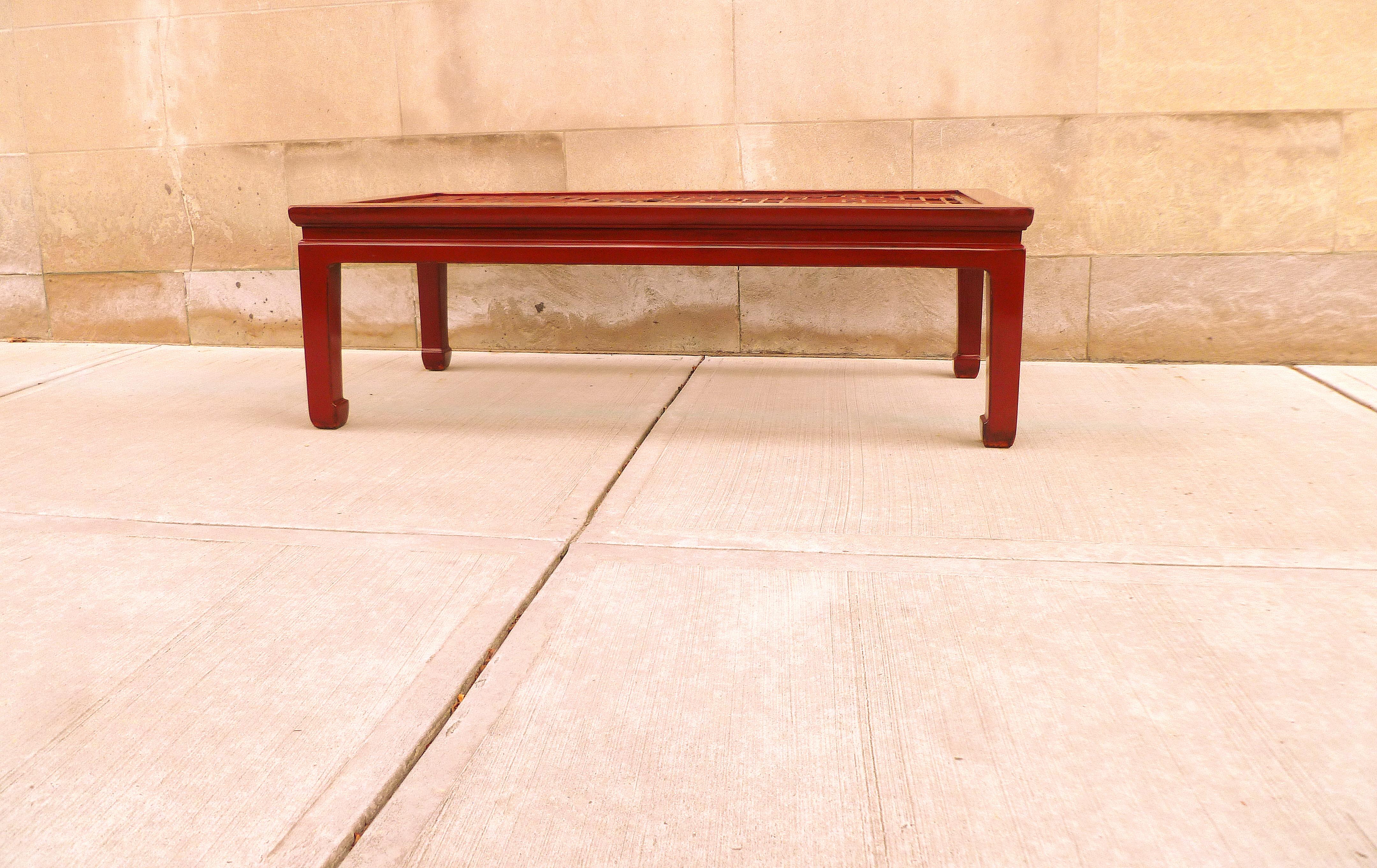 Ming Fine Red Lacquer Low Table with Fret Work Top For Sale