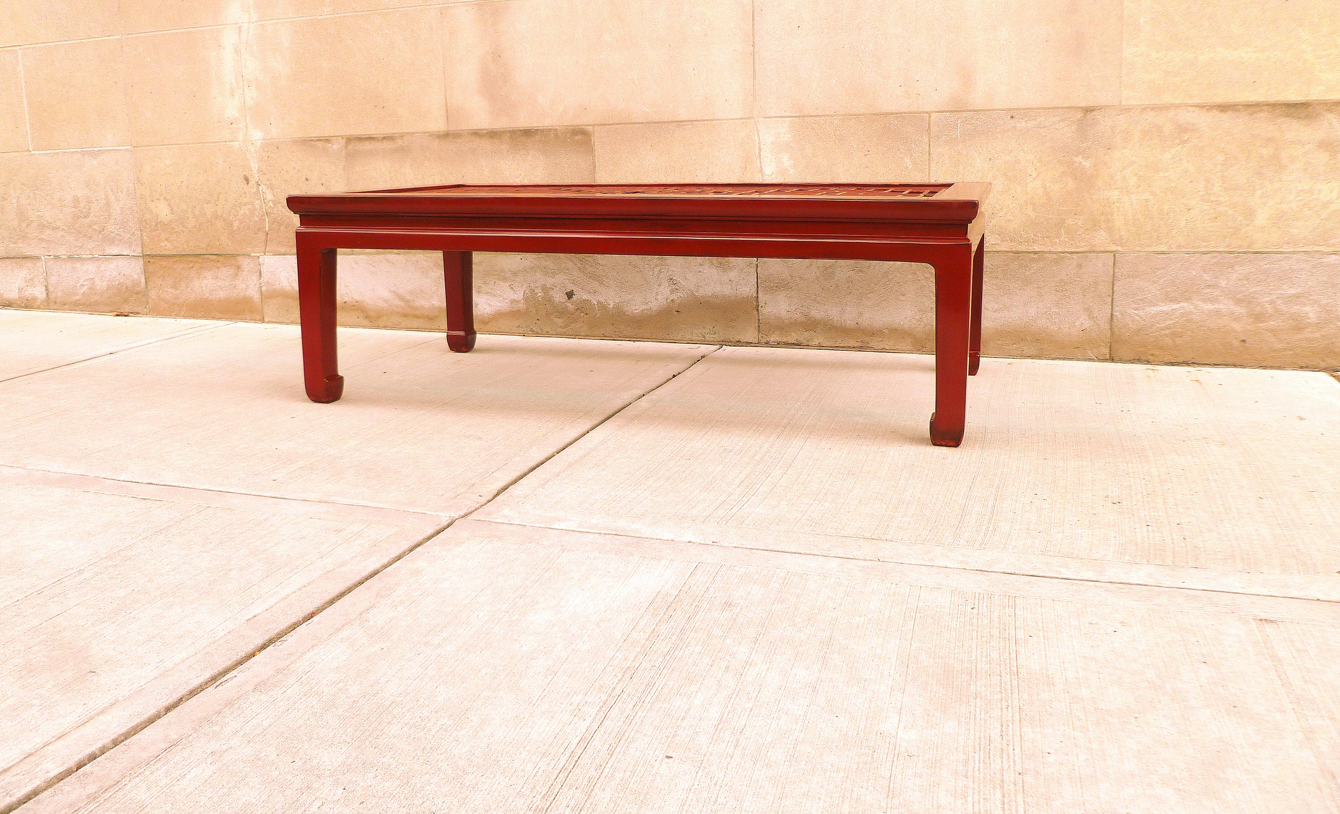 Chinese Fine Red Lacquer Low Table with Fret Work Top For Sale