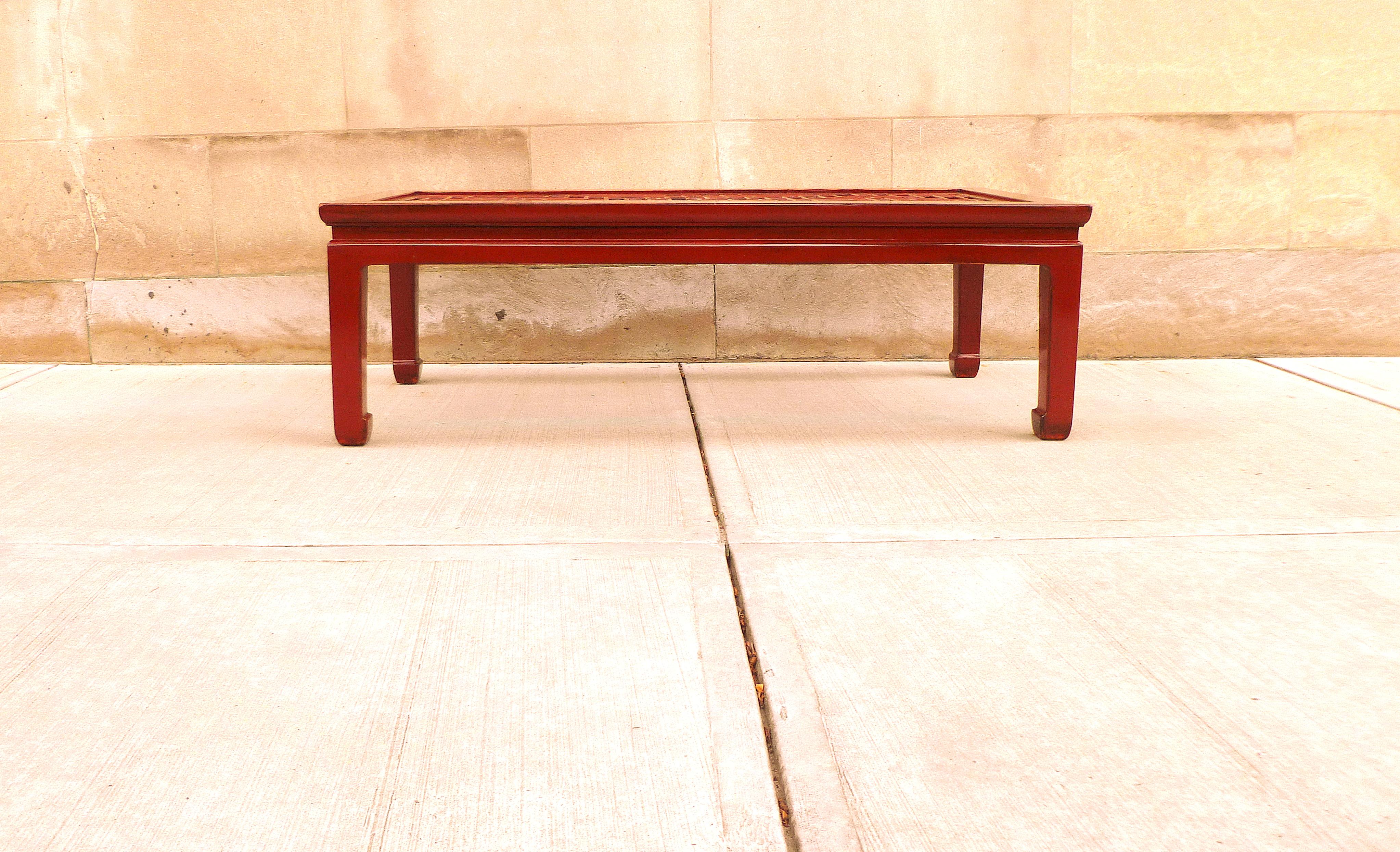 Fine Red Lacquer Low Table with Fret Work Top In Excellent Condition For Sale In Greenwich, CT
