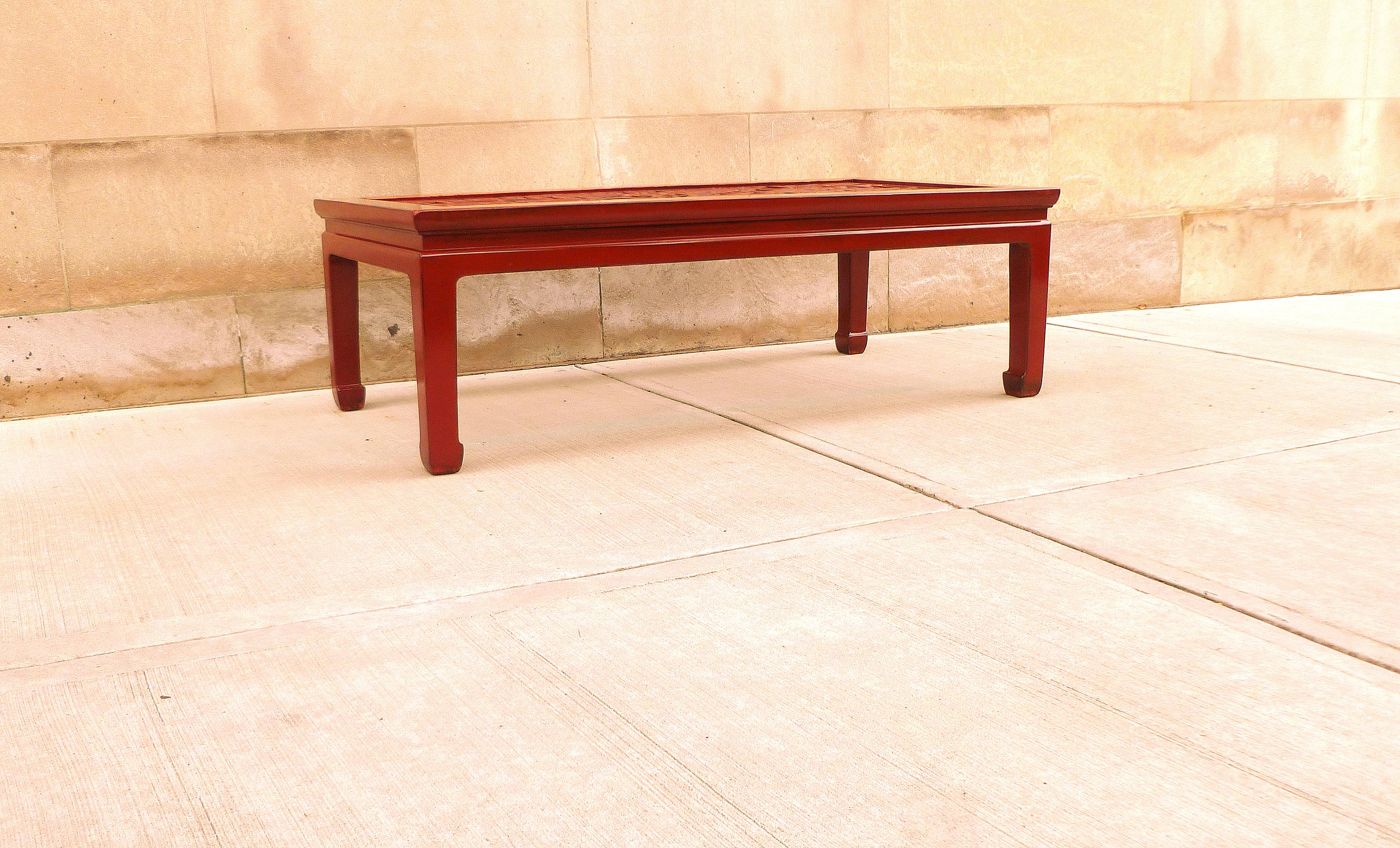 Fine Red Lacquer Low Table with Fret Work Top For Sale 1