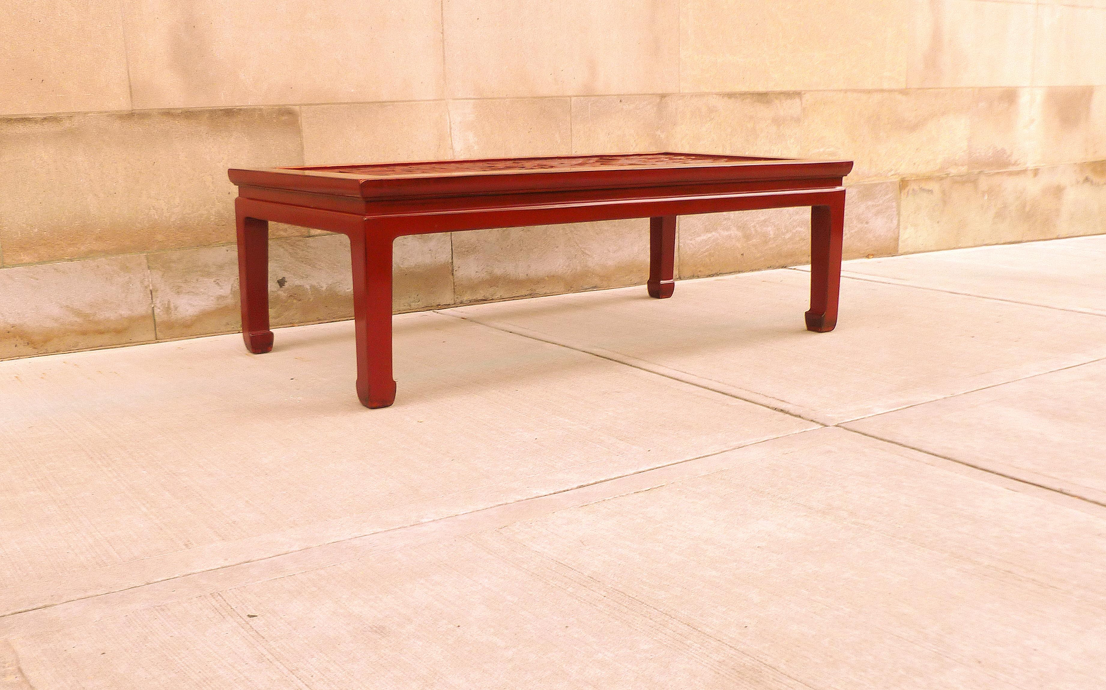 Fine Red Lacquer Low Table with Fret Work Top For Sale 2