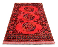 Tappeto rosso pregiato Turkman, tappeto primitivo tessuto a mano, tappeto geometrico