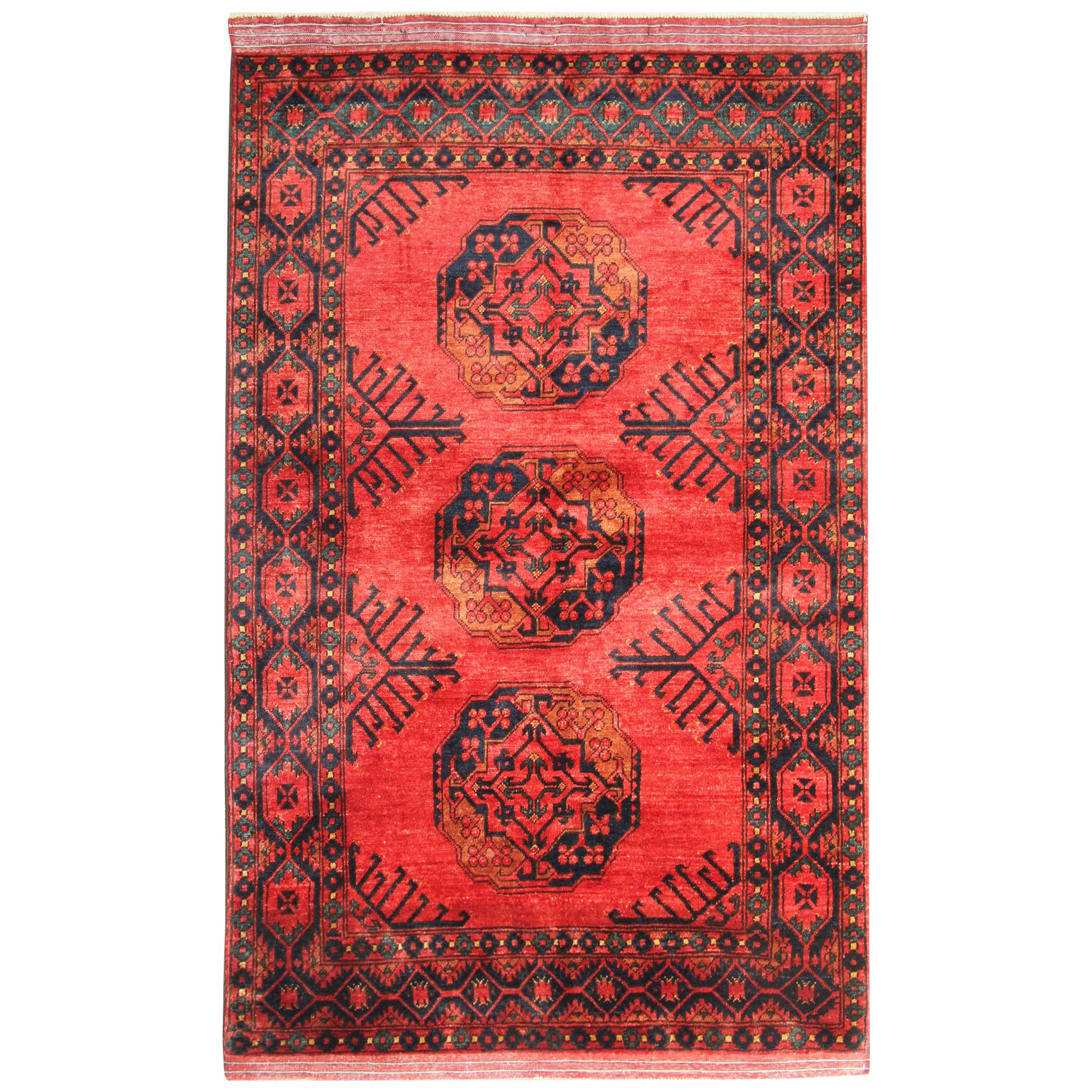 Fine Red Turkman Rug, Primitive Handwoven Carpet Geometric Rug