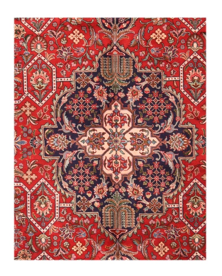 Tapis Persan Zanjan Années 60 - 232x128 Cm - Laine 100% - Noué Main - Rouge - Occasion Très Bon état