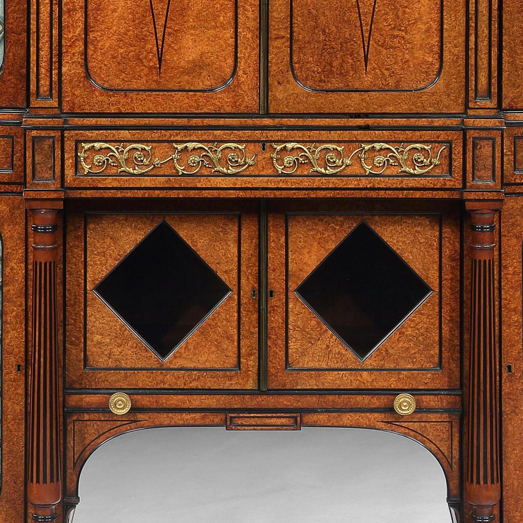 19th Century Fine Regency Amboyna And Ebony Inlaid Gilt Bronze Mounted Shaped Cabinet For Sale