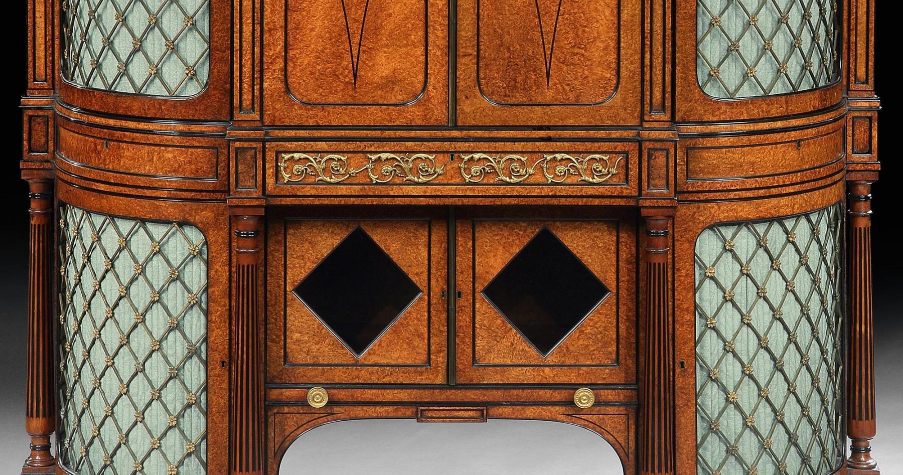 Fine Regency Amboyna And Ebony Inlaid Gilt Bronze Mounted Shaped Cabinet For Sale 3