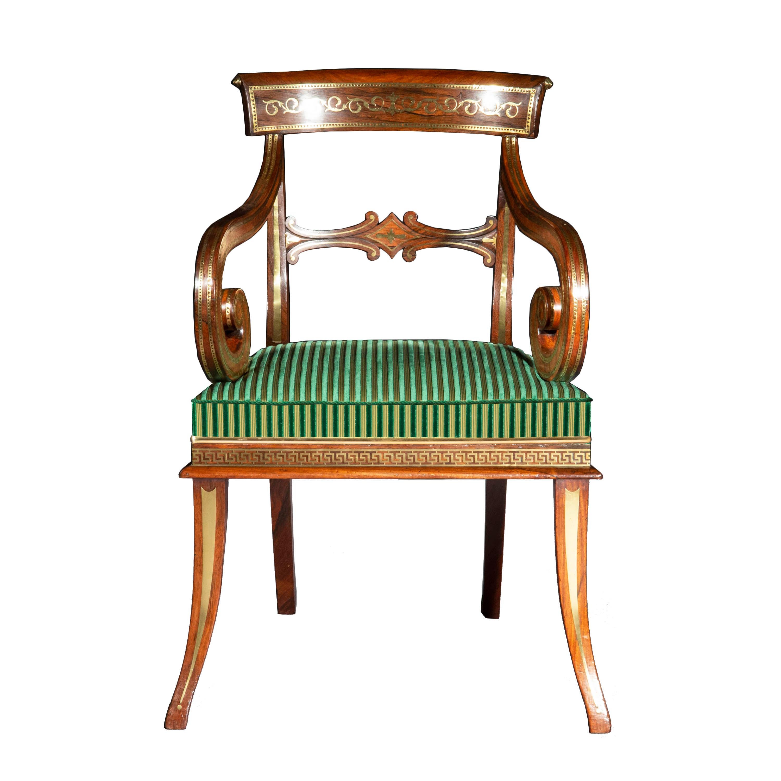 19th Century Fine Regency Brass Inlaid Armchair, Attributed to George Oakley