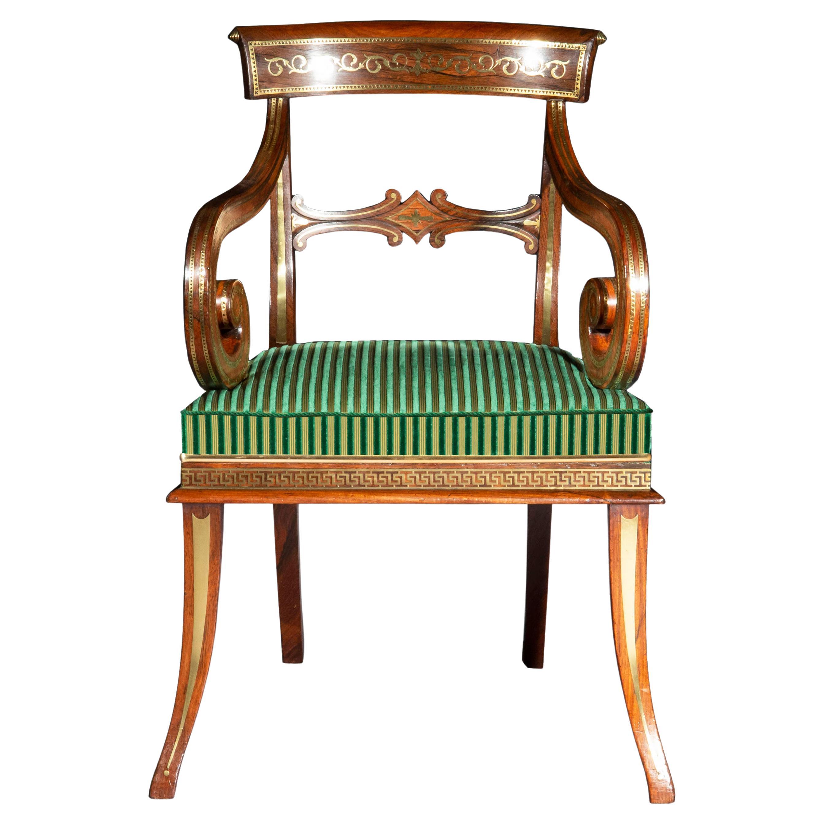 Fine Regency Brass Inlaid Armchair, Attributed to George Oakley