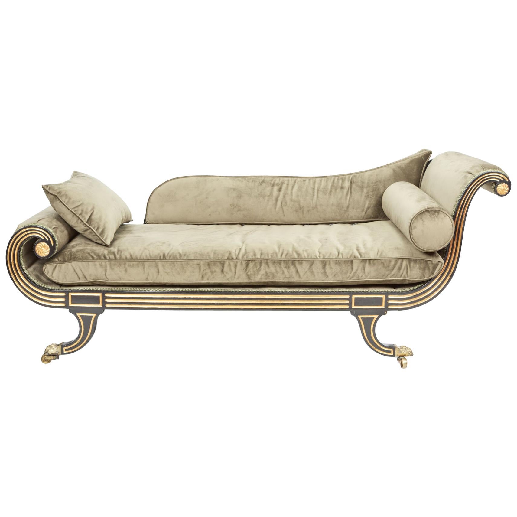 Fine Regency Ebonised and Gilt Heightened Chaise Longue in the Manner of Thomas  For Sale