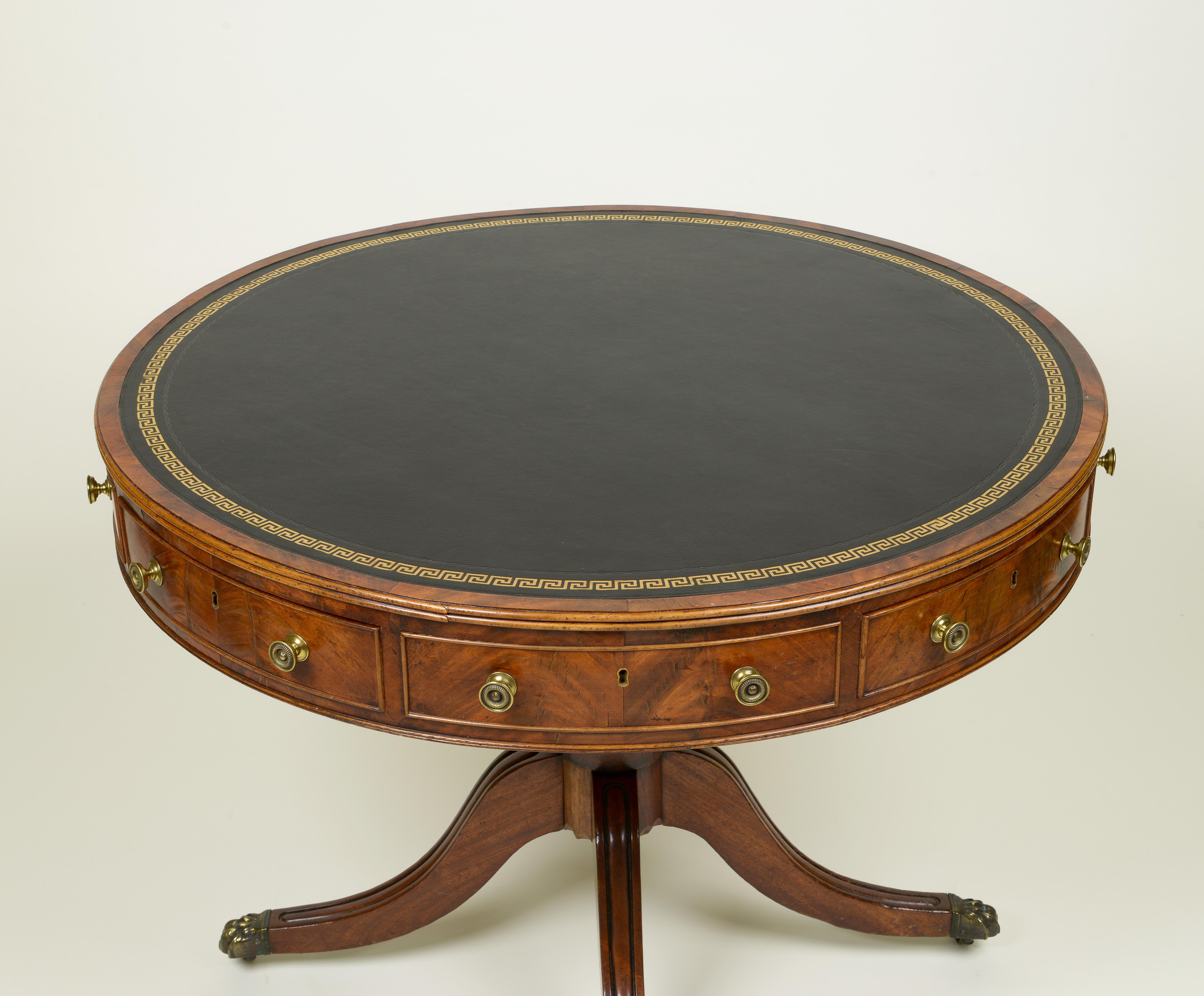 19th Century Fine Regency Leather-Top Mahogany Drum Table For Sale