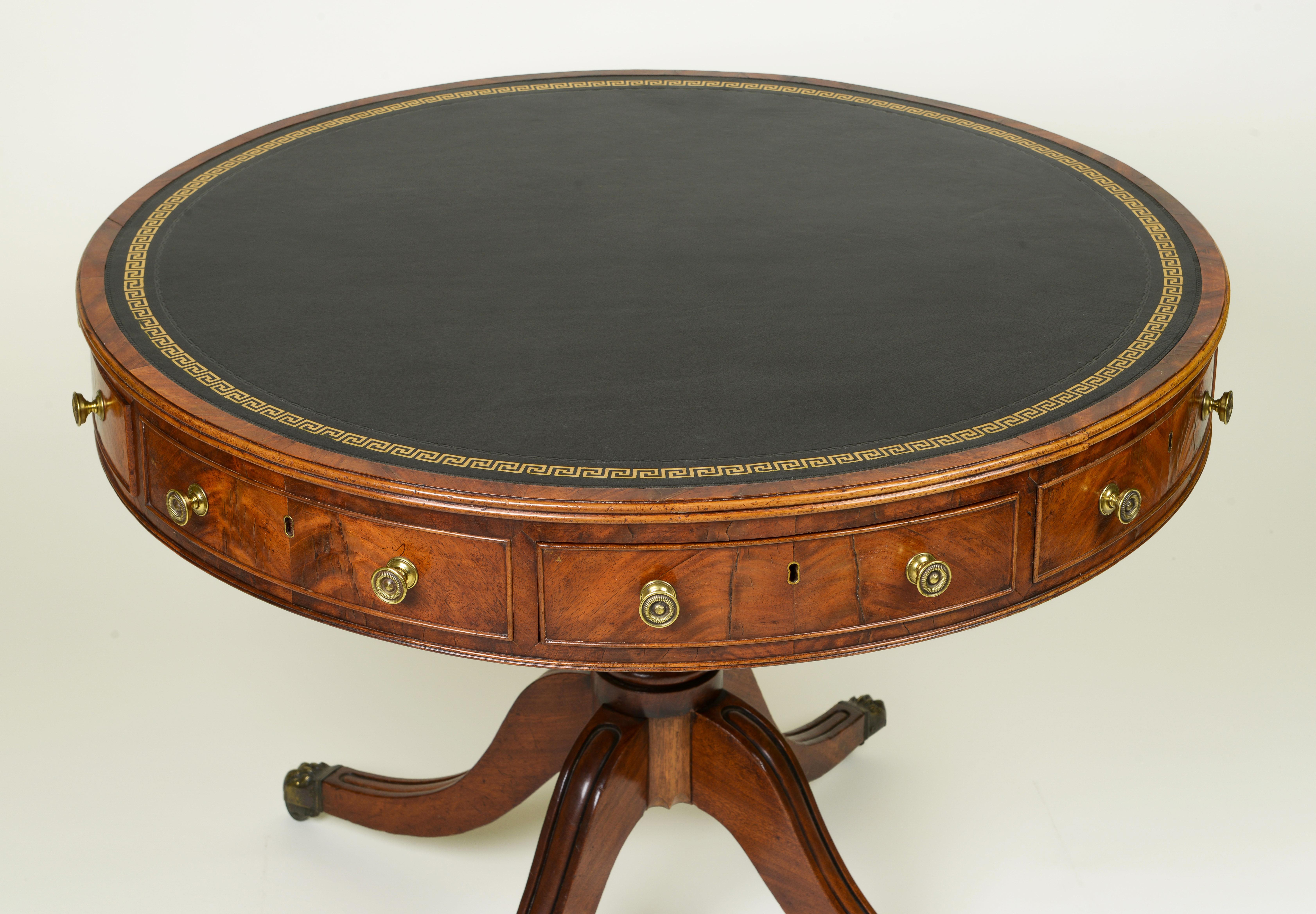 Brass Fine Regency Leather-Top Mahogany Drum Table For Sale