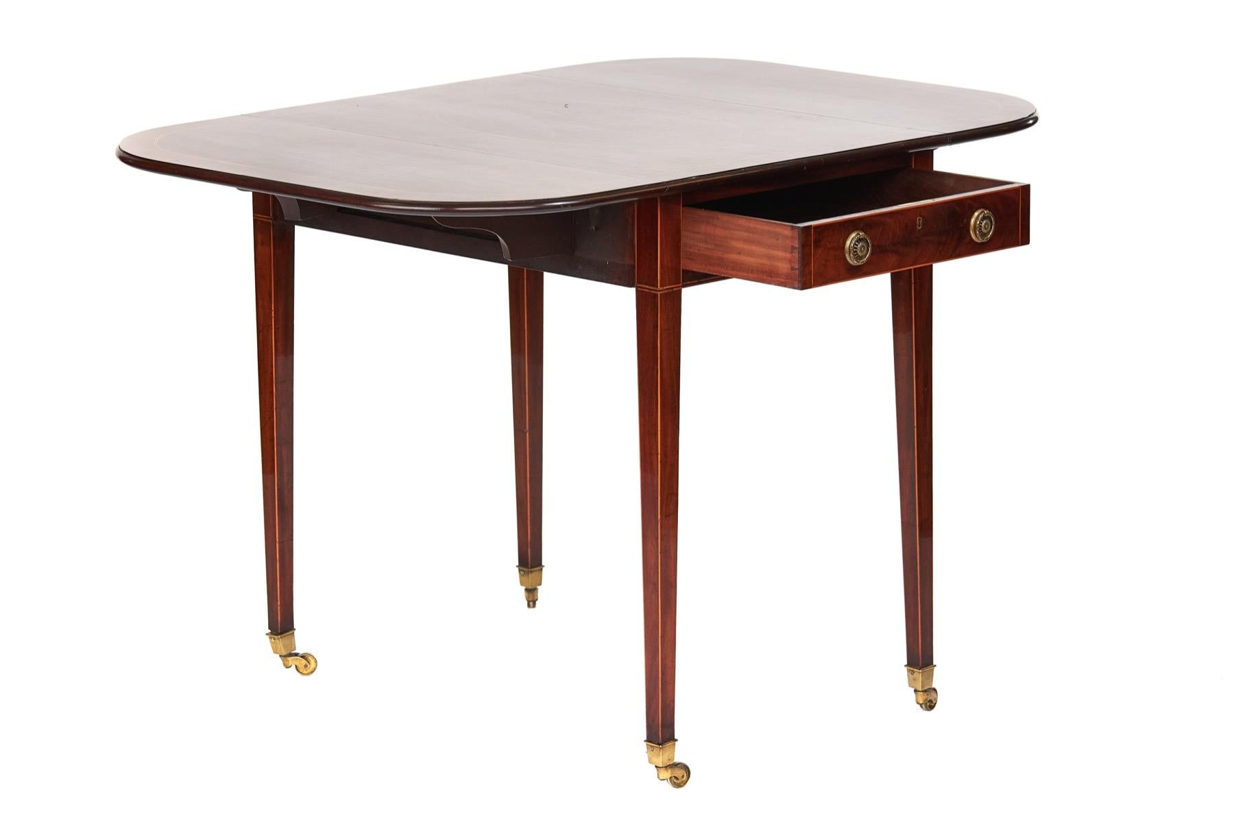Fine Regency Mahogany & inlaid Pembroke Table
Striking Figured Mahogany top, With 
Twin Boxwood line inlay, & Cross Banding, 
Single opening drawer, And Faux Drawer front at ends, 
Square Tapering Legs with Square cup castors, brass wheel.