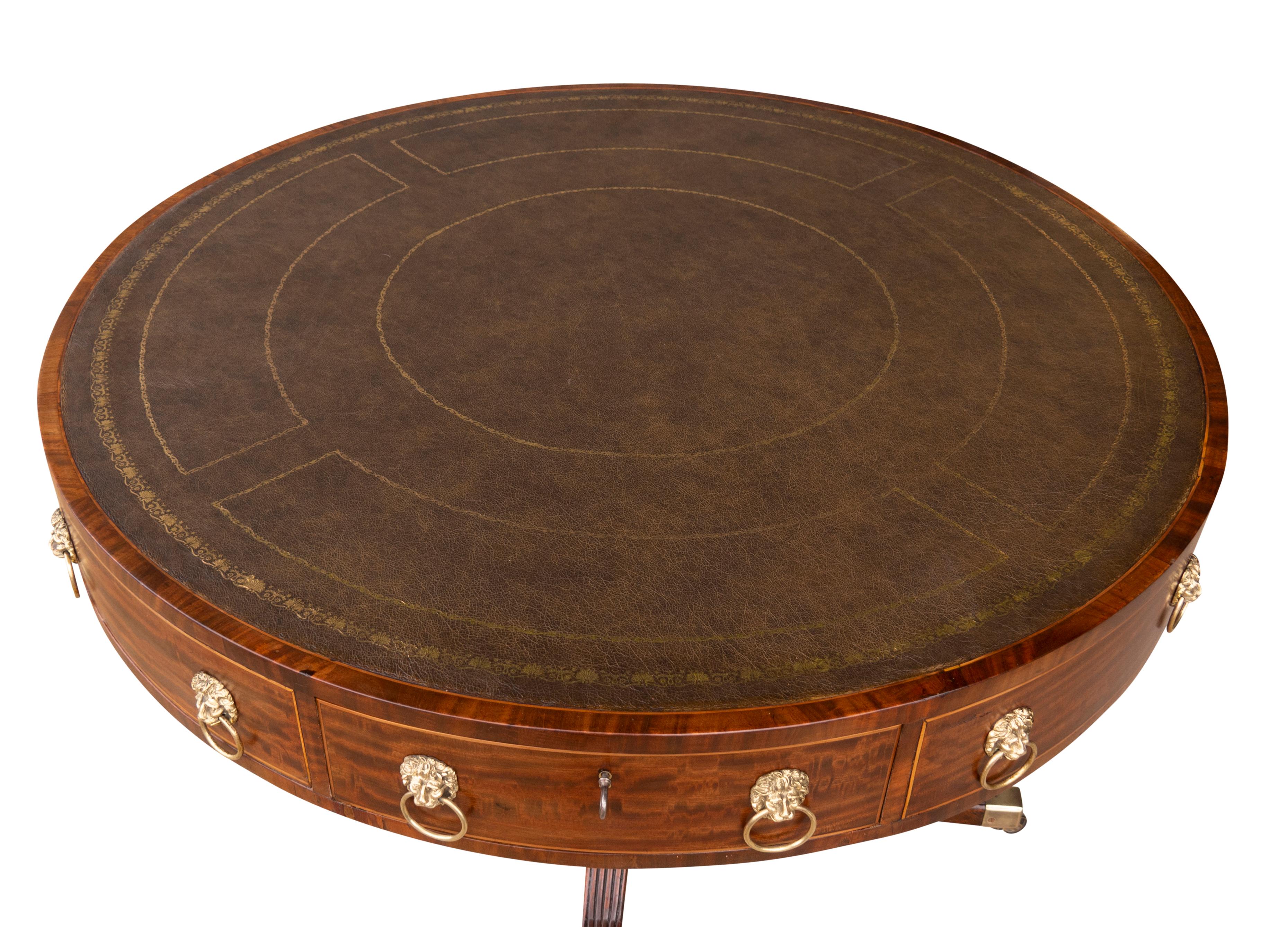 Brass Fine Regency Mahogany Library Drum Table For Sale