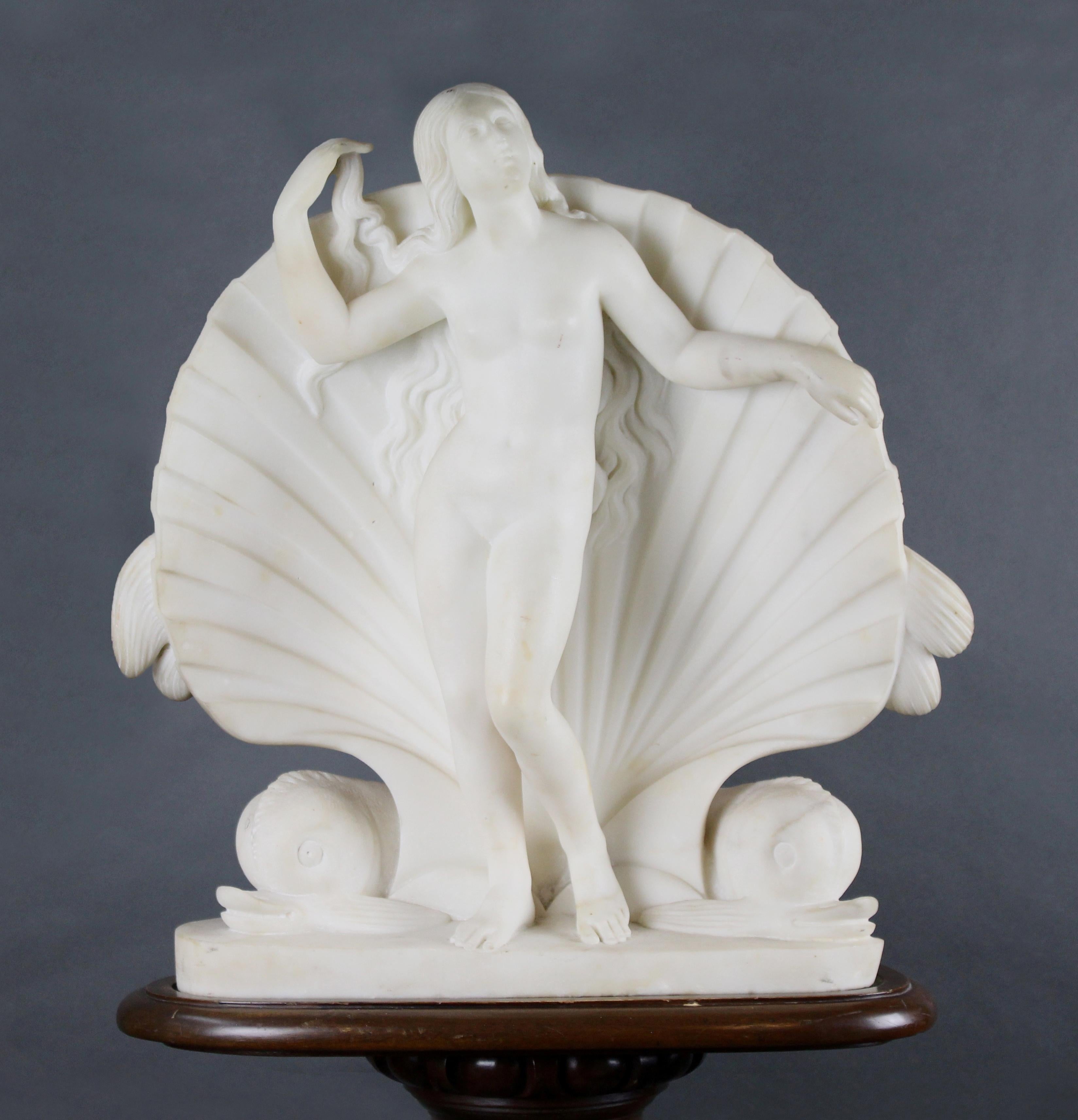 Period Regency, circa 1830
Composition marble sculpture on carved mahogany pedestal
Measures: Width 48 cm / 19 in
Depth 26 cm / 10 1/4 in
Total height 158 cm / 62 1/4 in
Figure height 52cm / 20 1/2in
Condition: Good condition. Little finger