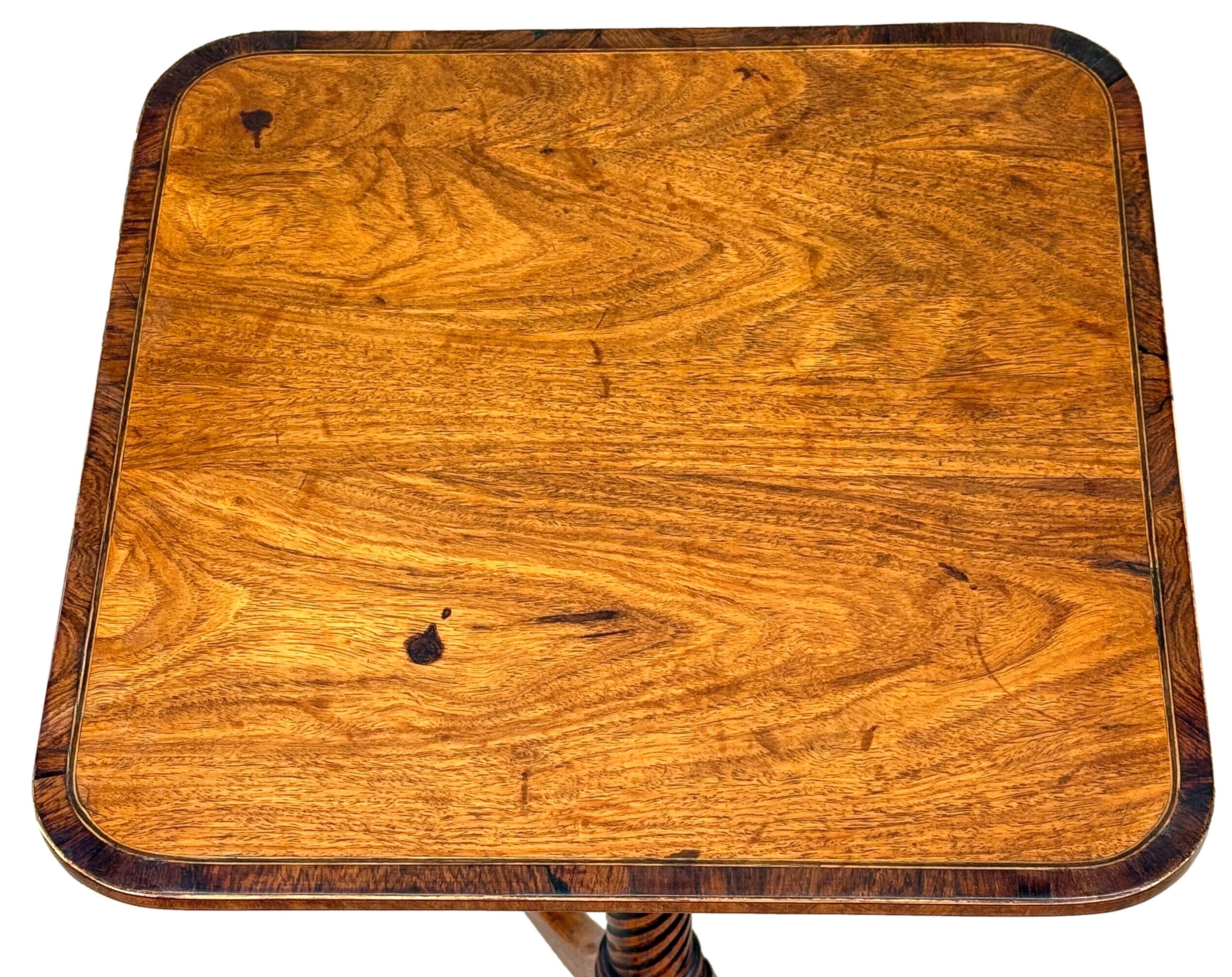 An Exceptional Quality 19th Century Regency Period Kingwood Wine Table, Or Occasional Lamp Table, Having Superbly Figured Detachable Square Top, With Crossbanded Decoration, Raised On Incredibly Elegant Carved Spiral Twist Central Column,