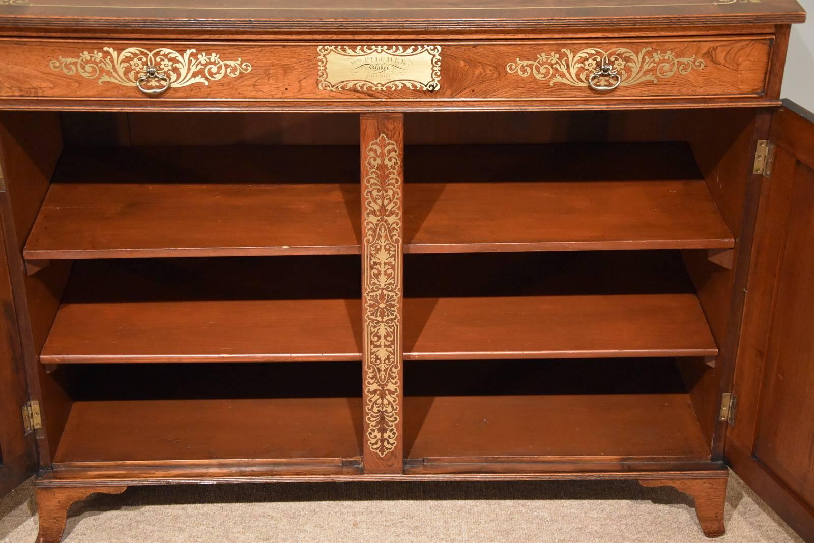 English Fine Regency Period Rosewood Brass Inlaid Side Cabinet by Pitcher