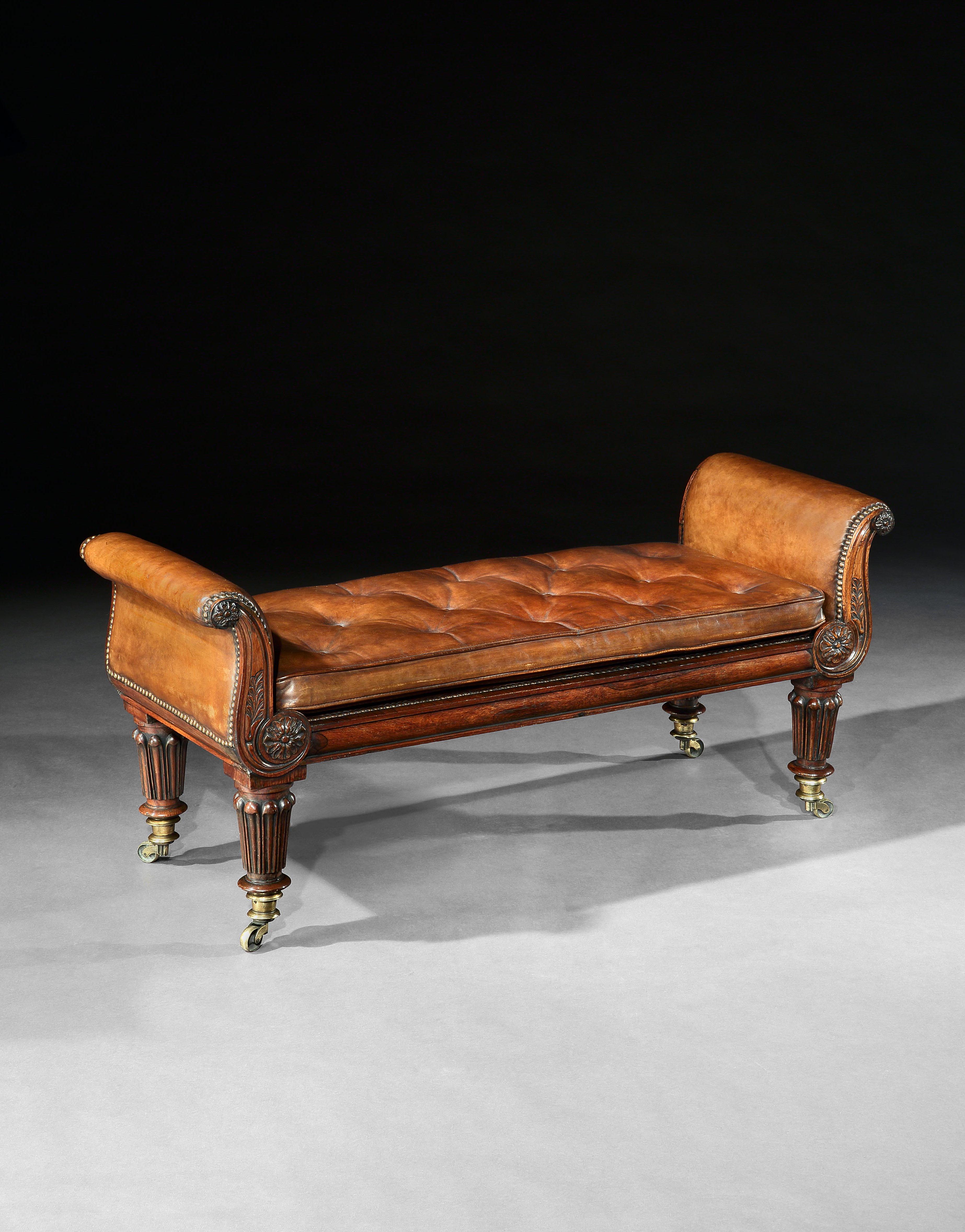 Late Regency George IV period leather upholstered rosewood window seat, bench.

English, circa 1825

A fine George IV period rosewood window seat of generous proportions, having a shallow buttoned leather upholstered cushion seat set within