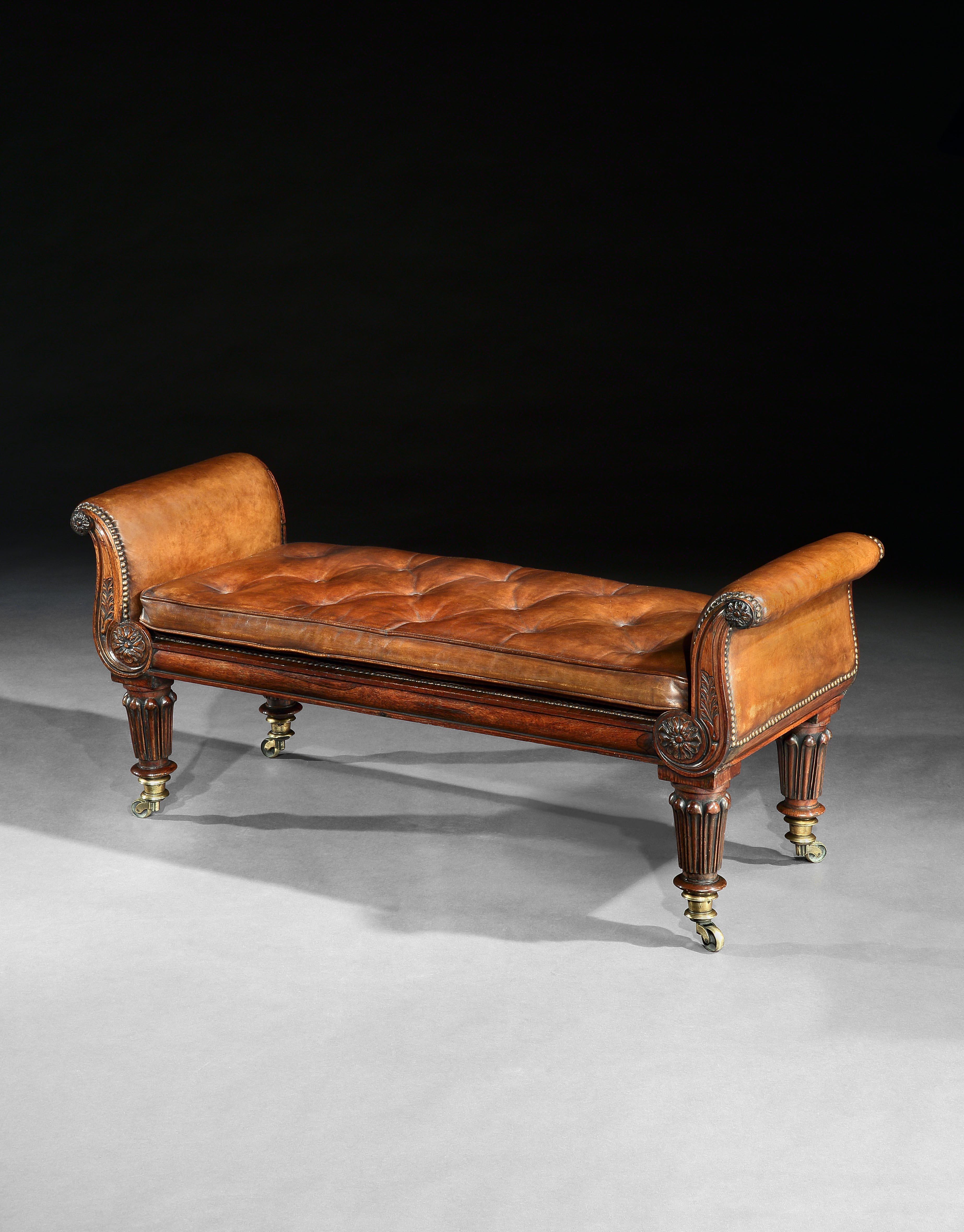 English Fine Regency Rosewood Leather Upholstered Window Seat