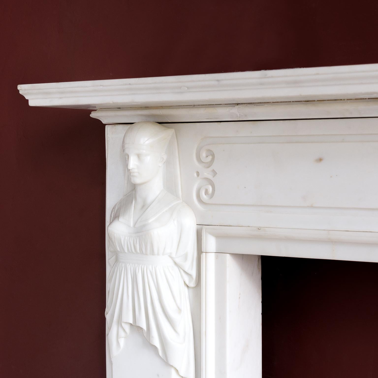 Carved Fine Regency Statuary Marble Fireplace in the Egyptian Taste For Sale