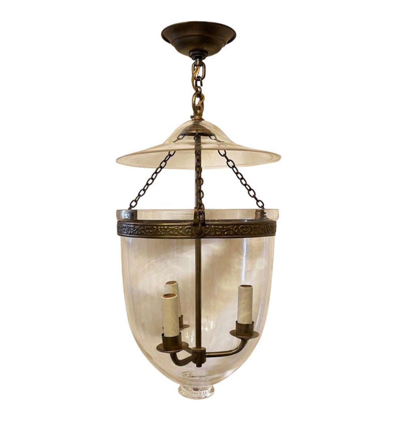 A Fine Regency Vaughan Designs English Bronze Blown Glass Bell Jar Lantern Fixture With 3 Candelabra Lights.