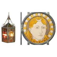 FINE RESTORIERT ANTIQUE ViCTORIAN STAINED GLASS ARMORIAL CREST LANTERN CHANDELIER